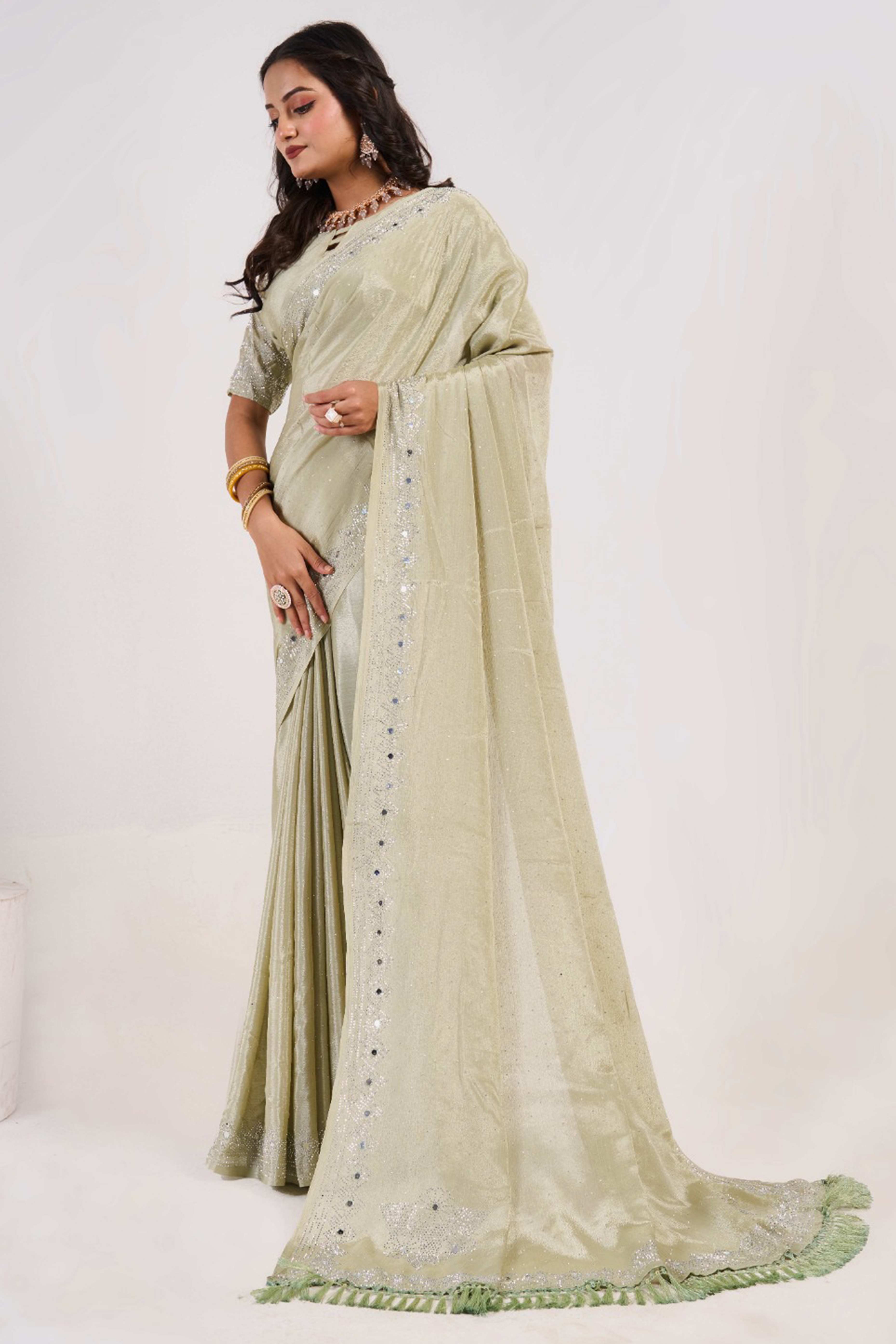 Pista Green Swarovski With Mirror Work Chinon Saree