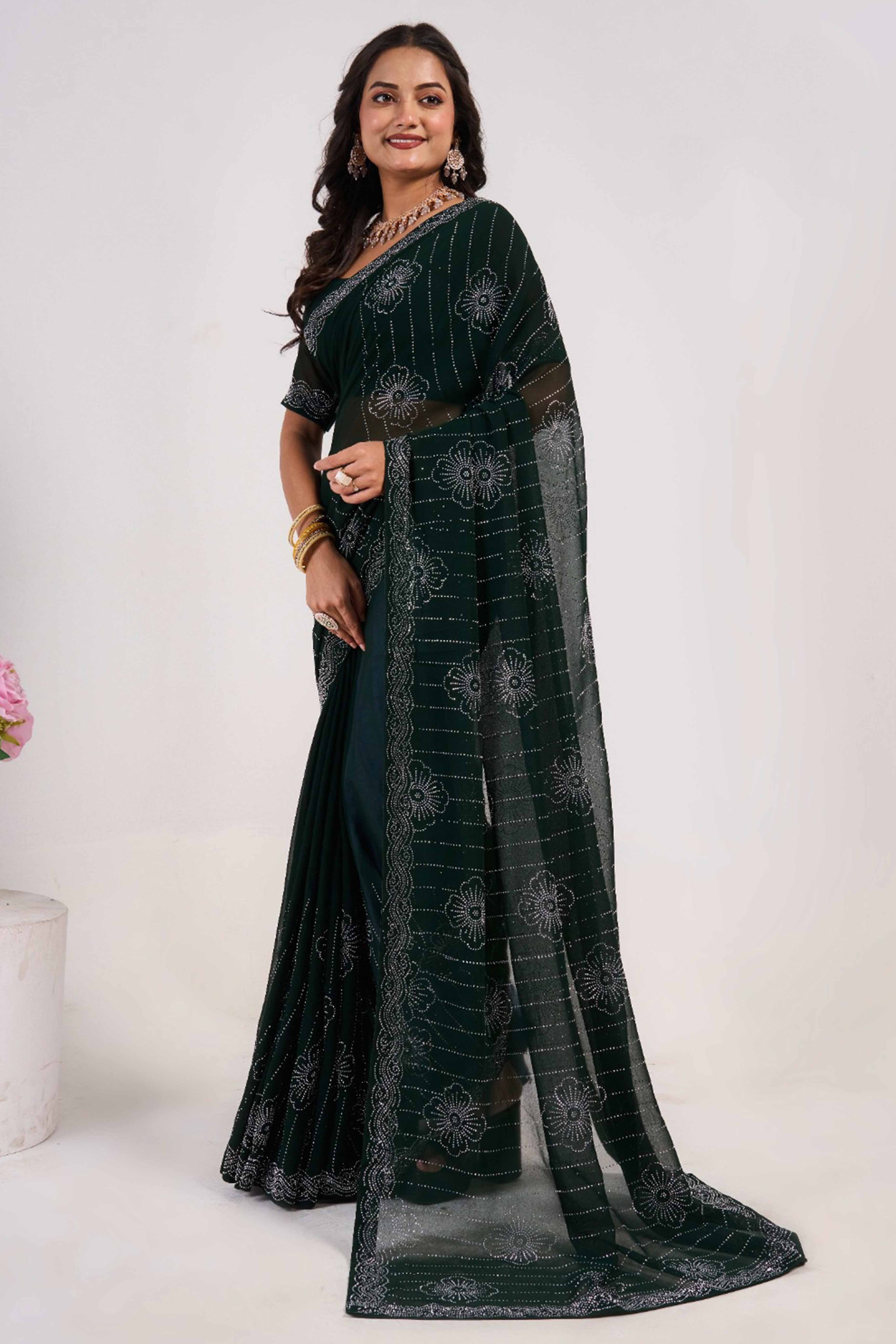 Dark Green Swarovski Work Georgette Saree
