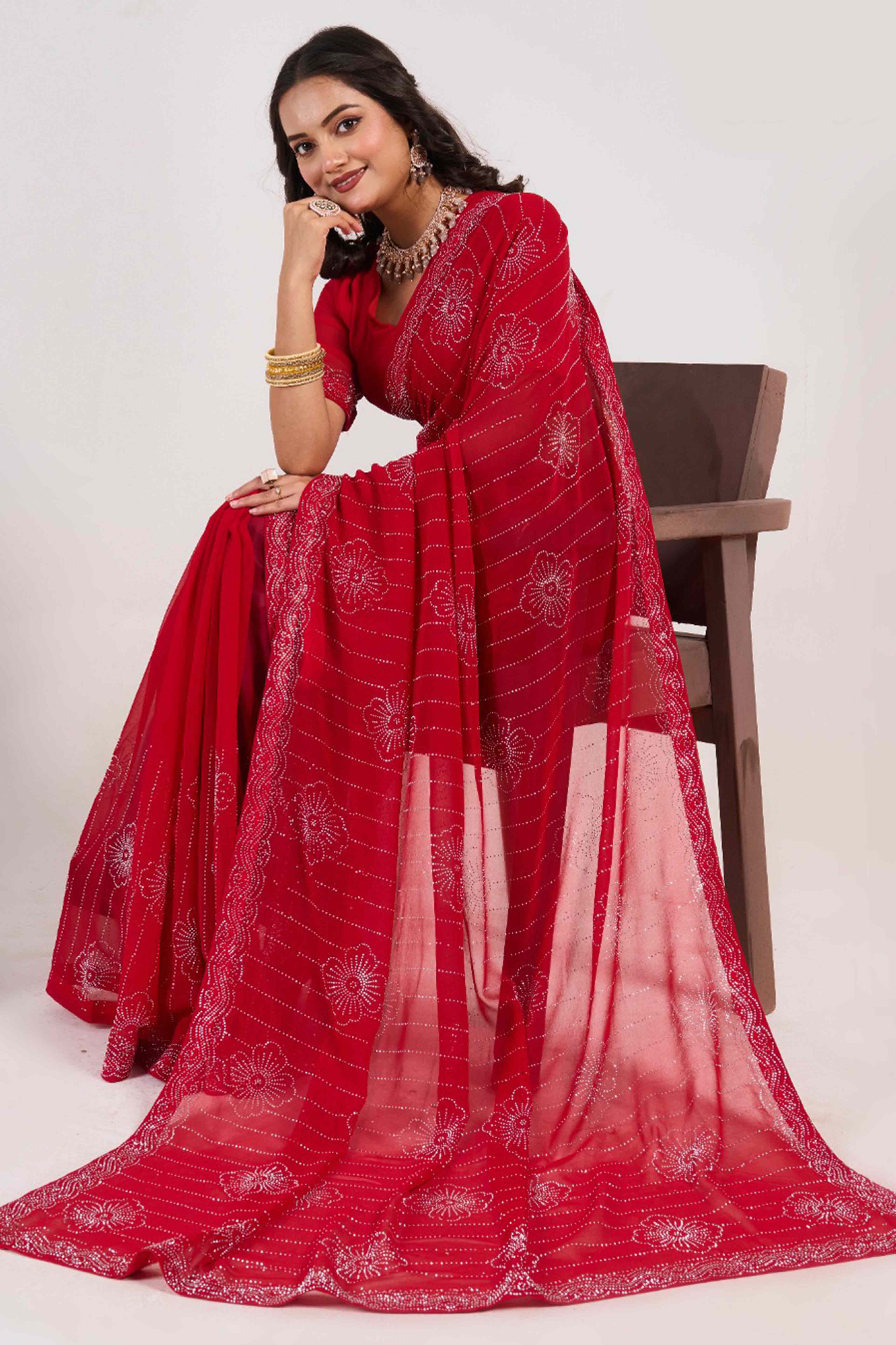 Cherry Red Swarovski Work Georgette Saree