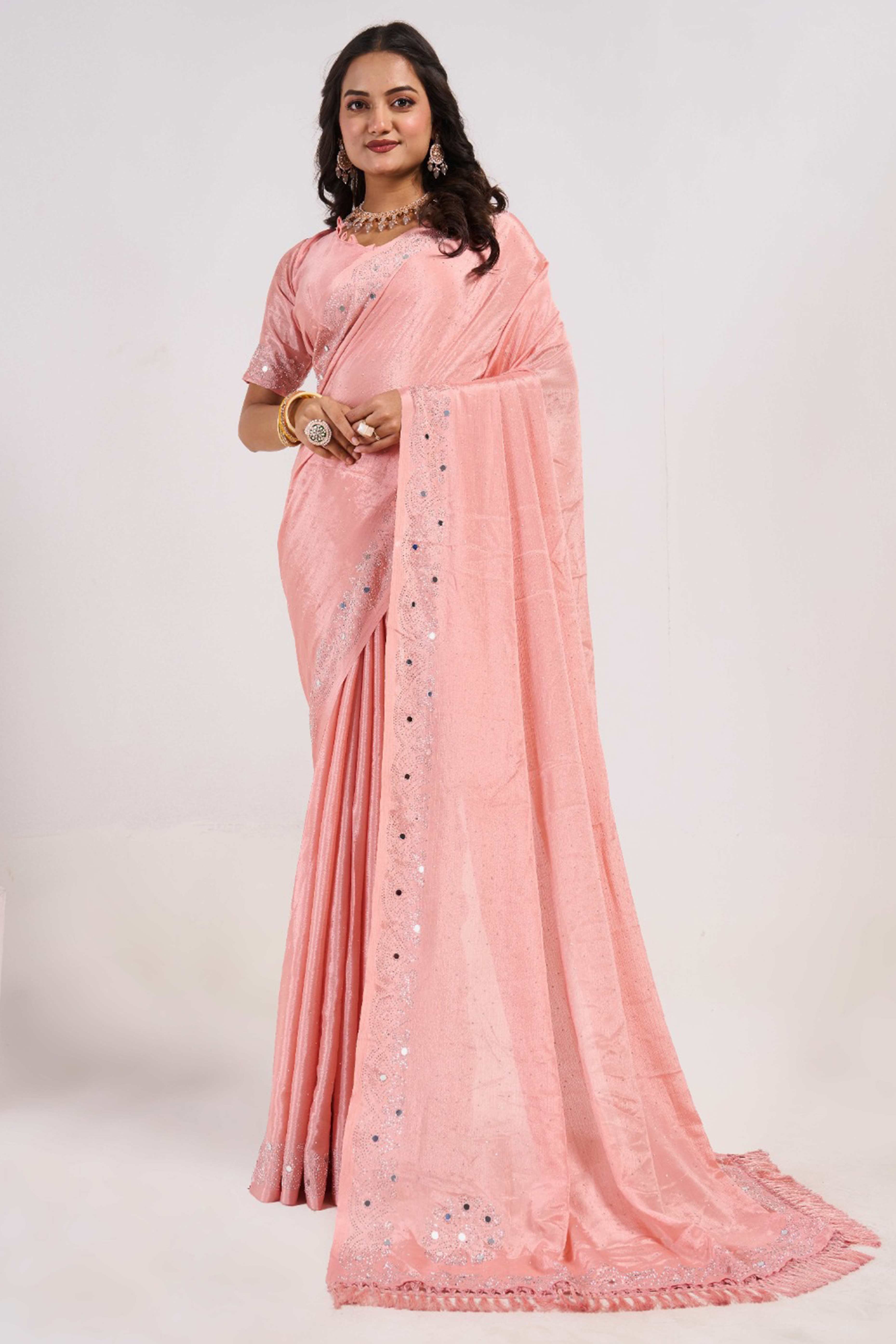 Peach Swarovski With Mirror Work Chinon Saree