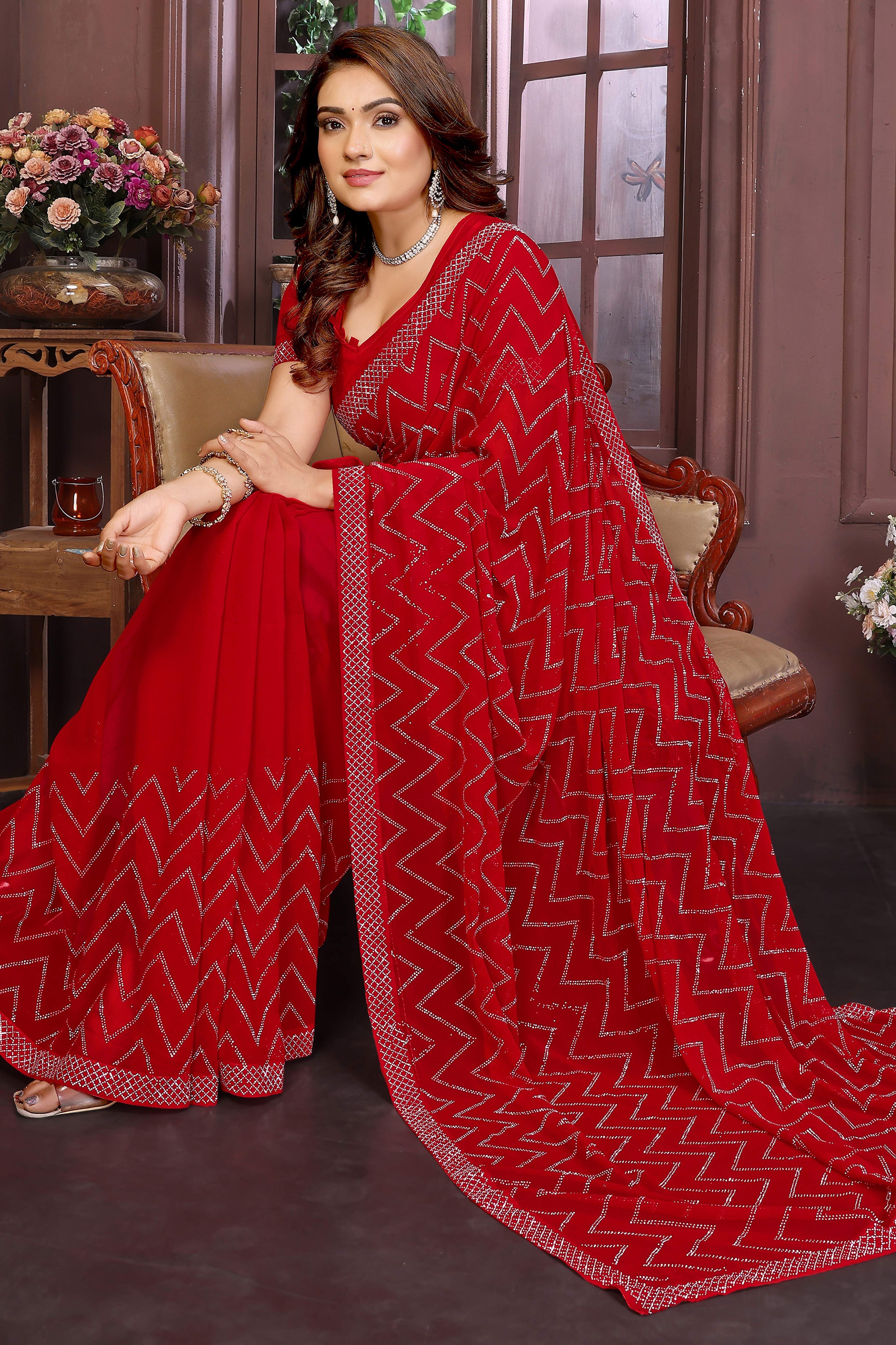 Glamorous Red Zig Zag Design Swarovski Crystal Work Georgette Saree