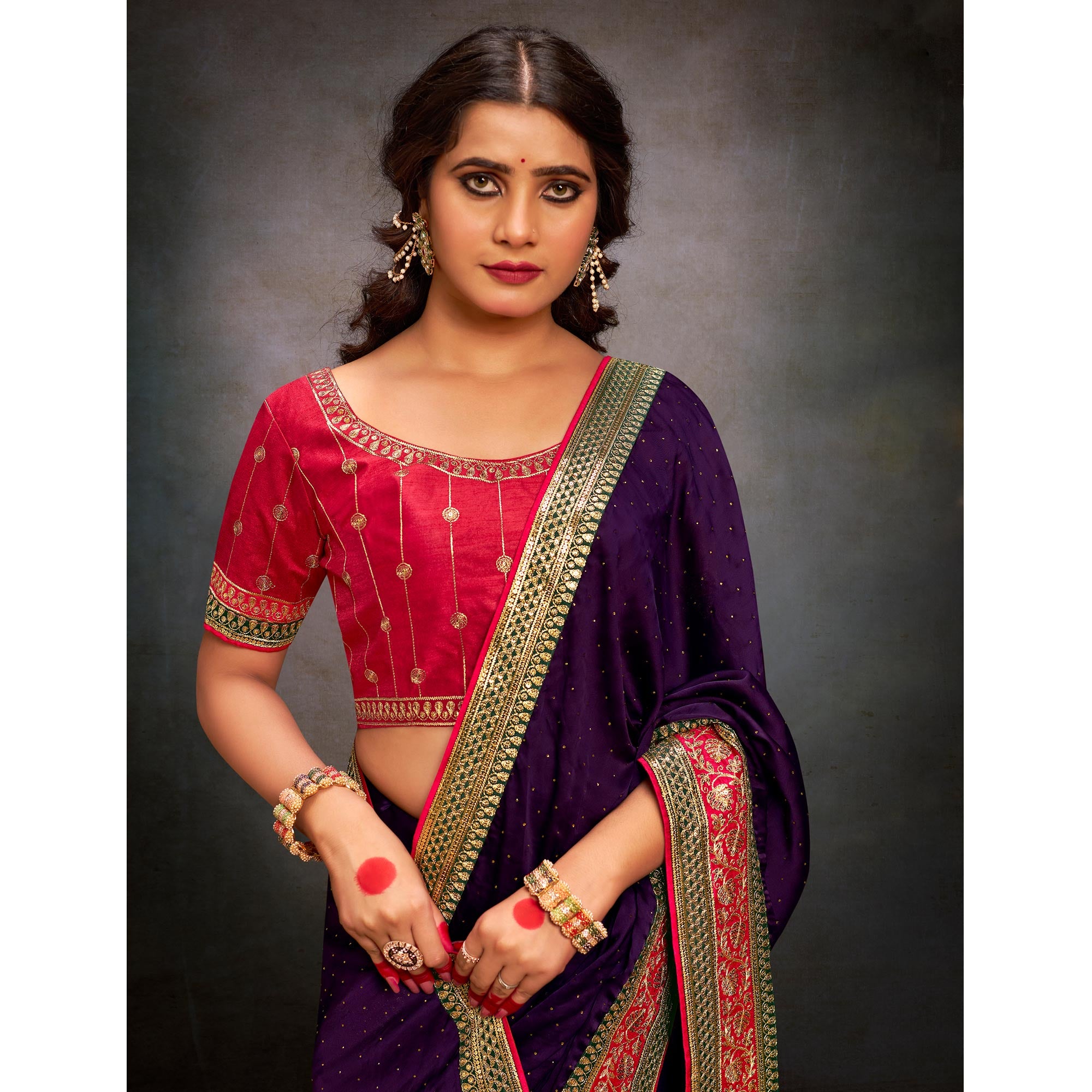 Purple Swarovski Work Satin Saree With Tassels