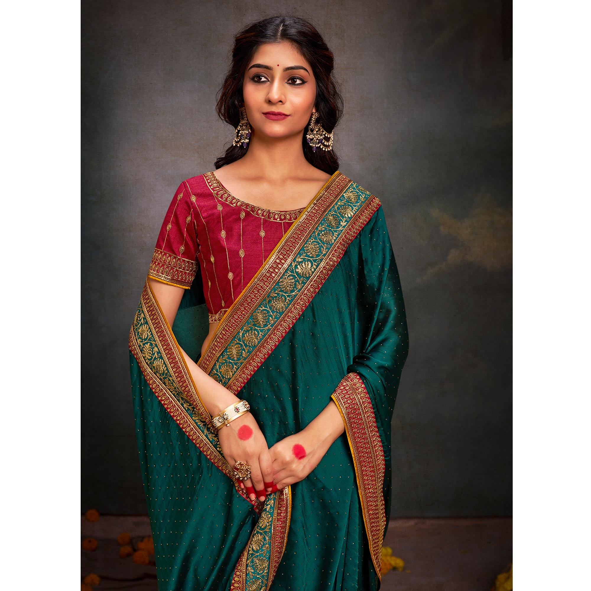 Dark Rama Green Swarovski Work Satin Saree With Tassels