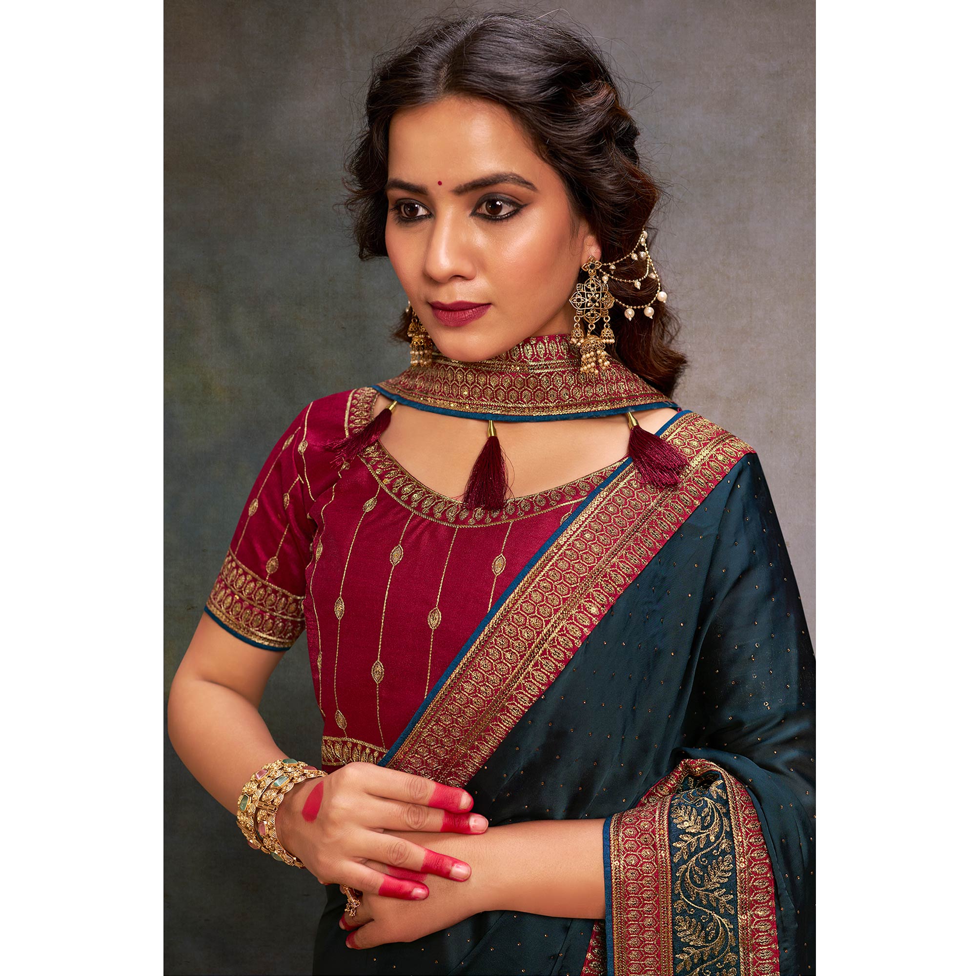 Teal Swarovski Work Satin Saree With Tassels