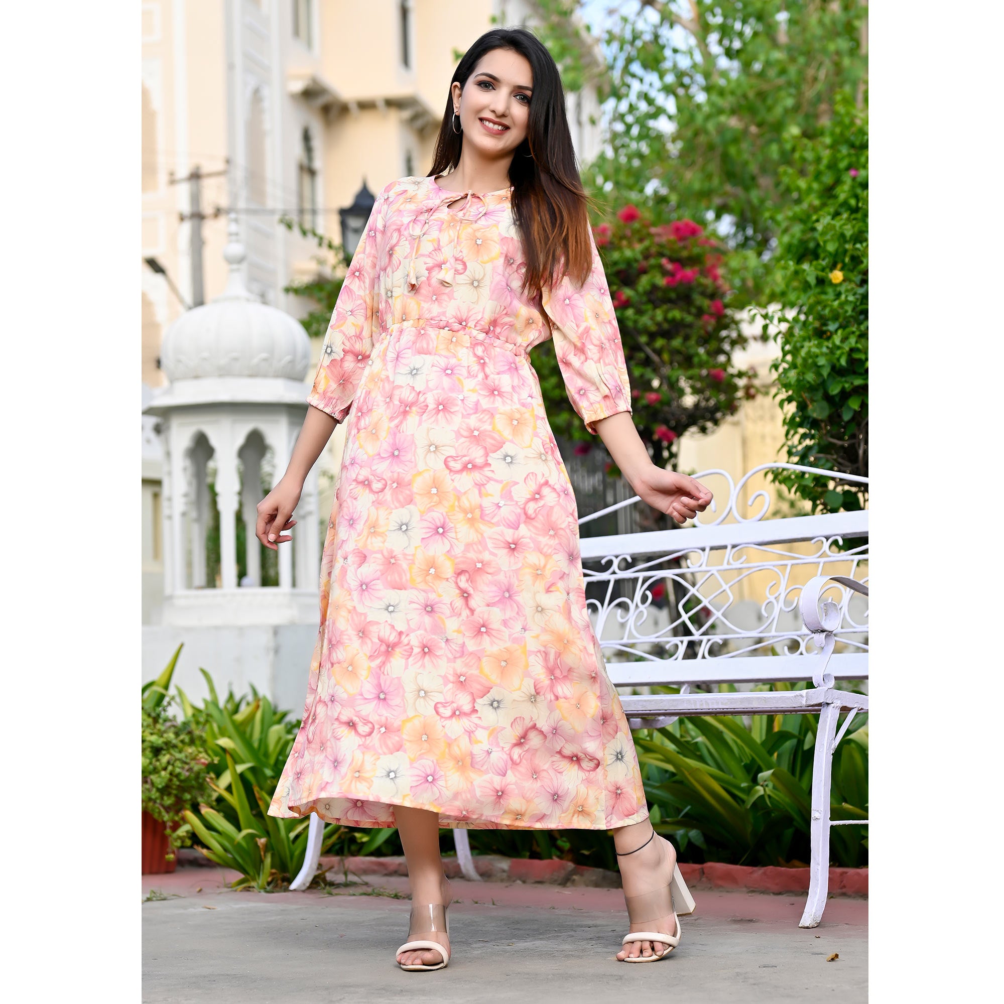 Pink Floral Printed Rayon Dress