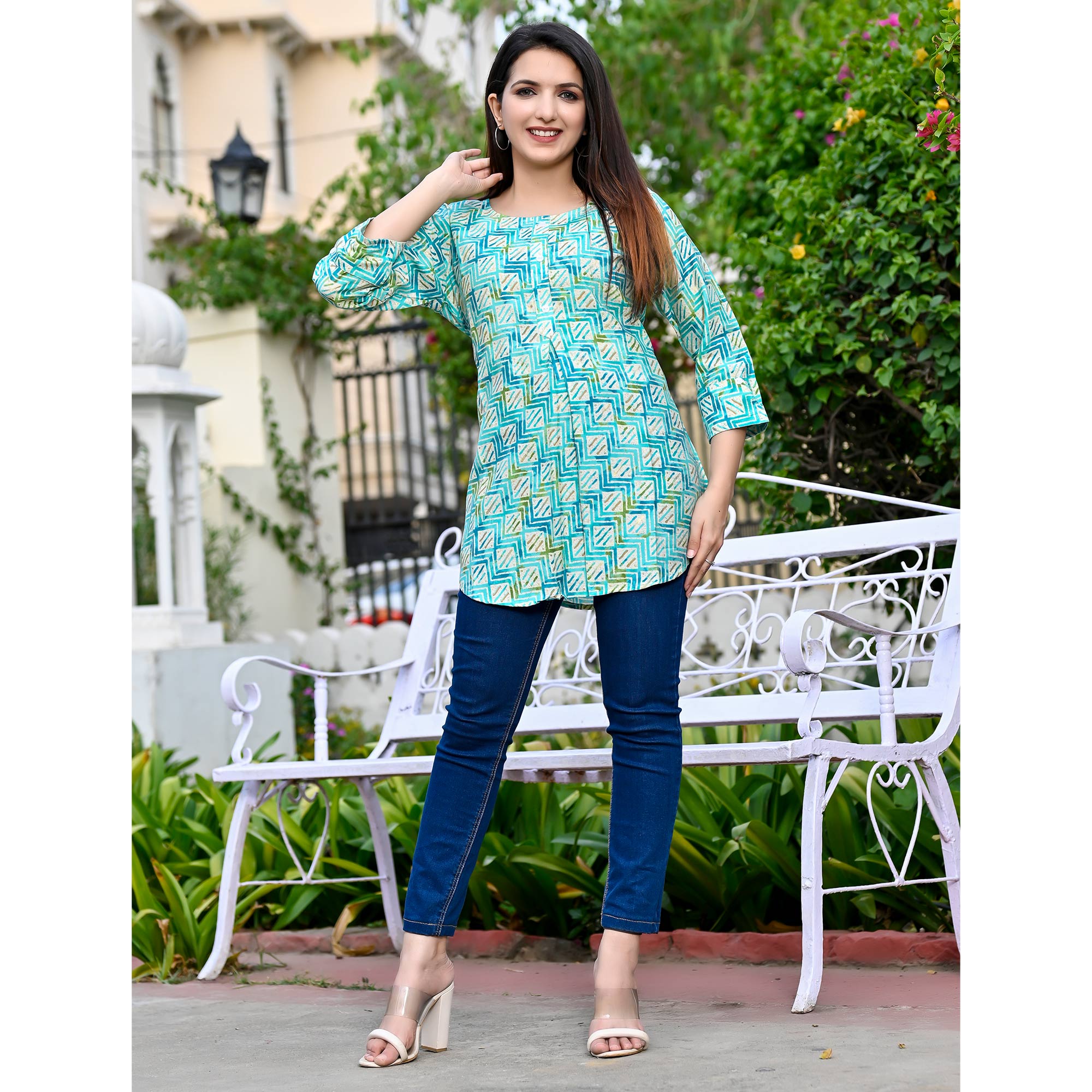 Aqua Blue Printed Chanderi Top