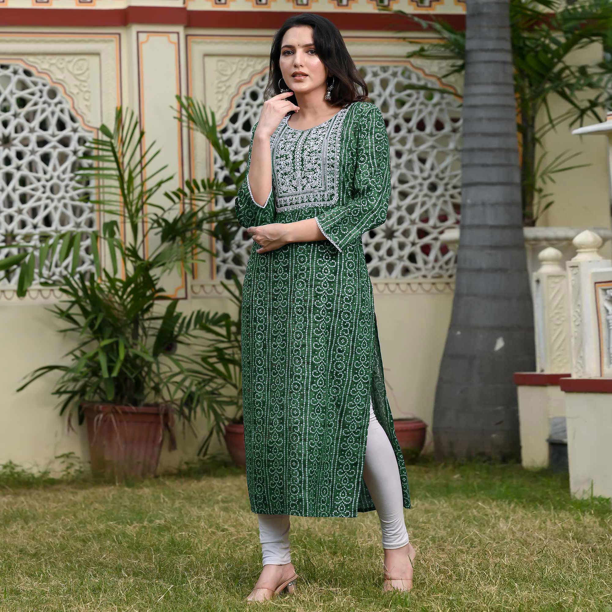 Green Foil Bandhani Printed With Embroidered Rayon Kurti