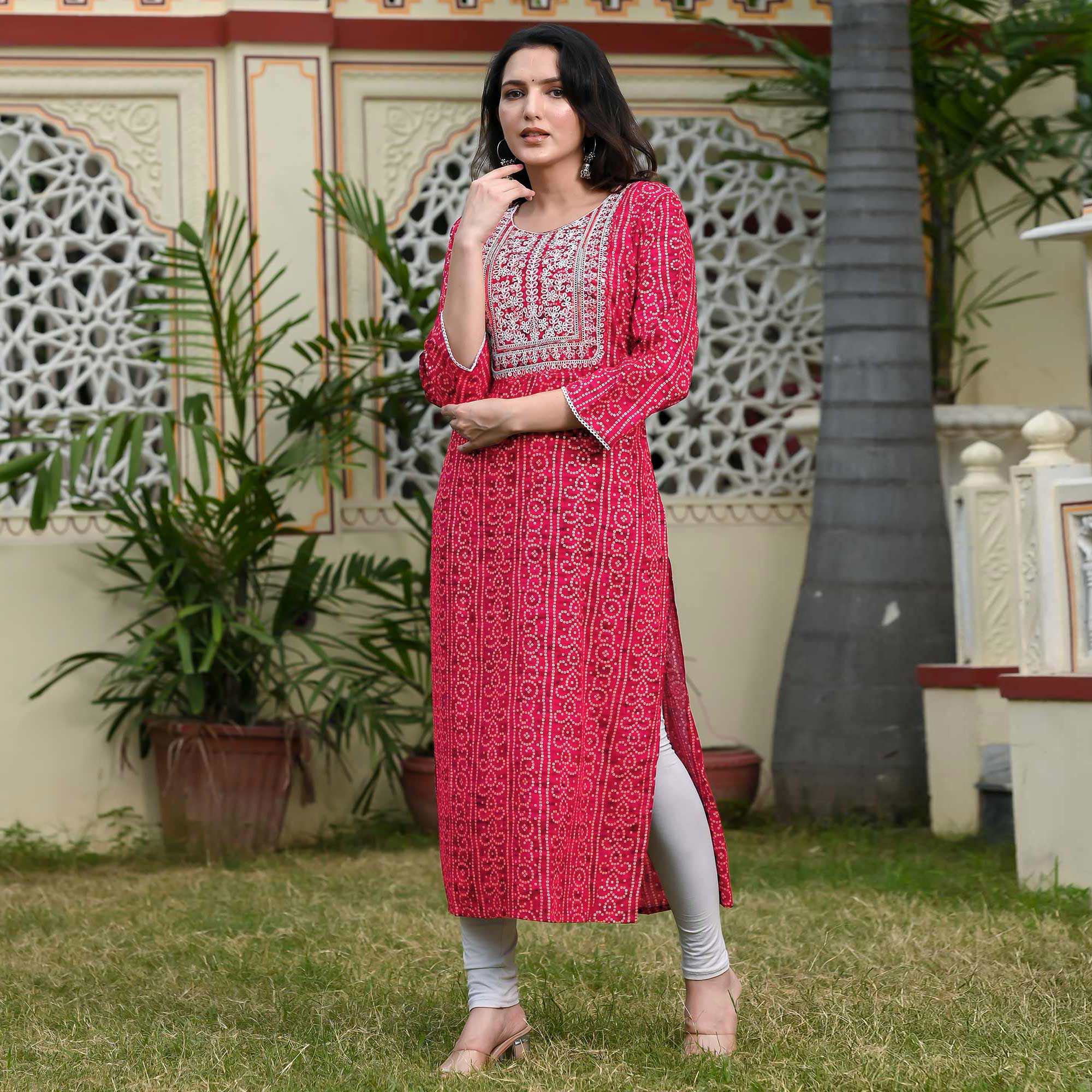 Red Foil Bandhani Printed With Embroidered Rayon Kurti