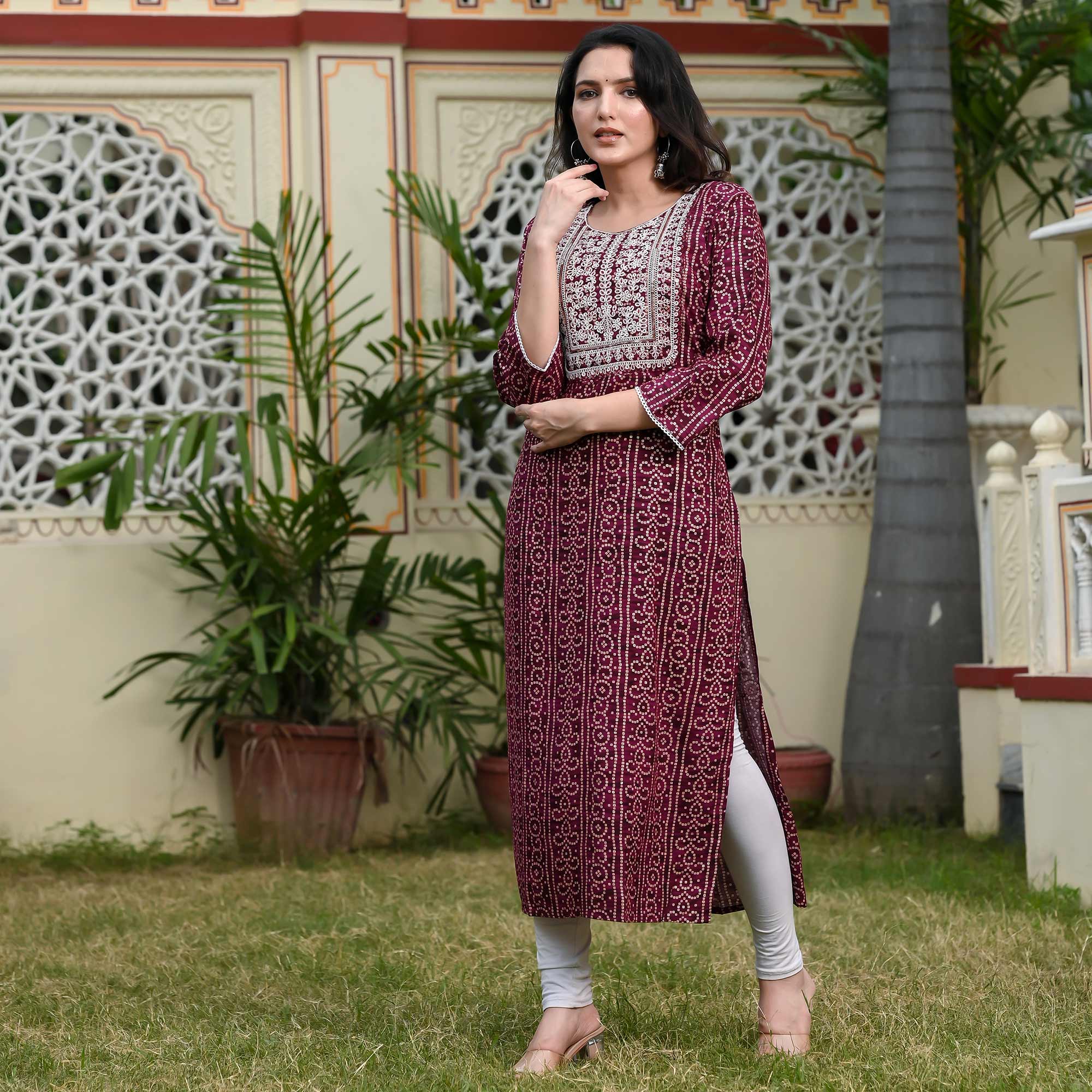 Wine Foil Bandhani Printed With Embroidered Rayon Kurti