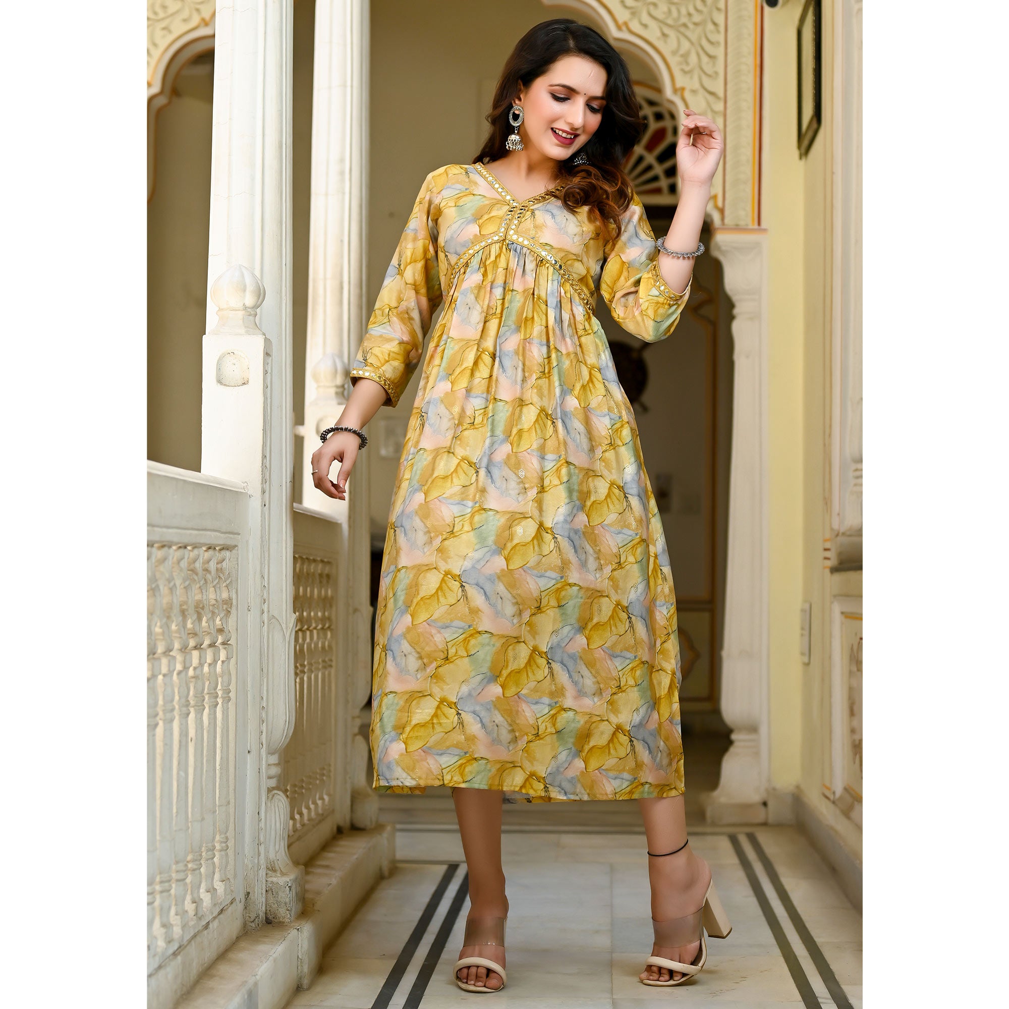 Yellow Printed Chanderi Alia Cut Kurti