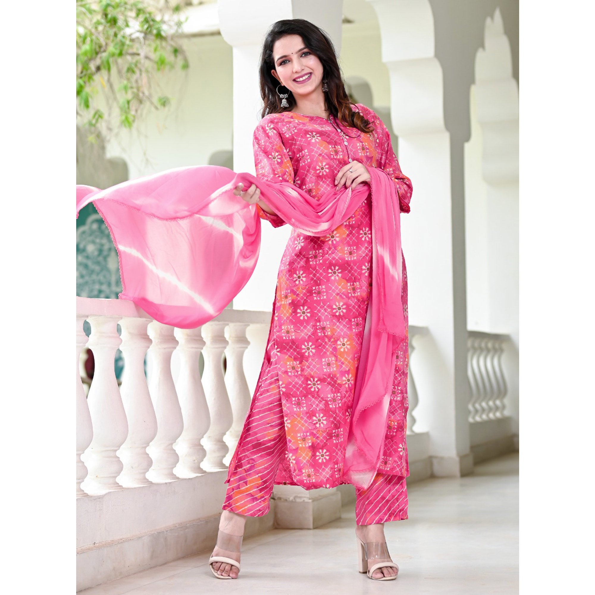 Pink Floral Printed Chanderi Suit