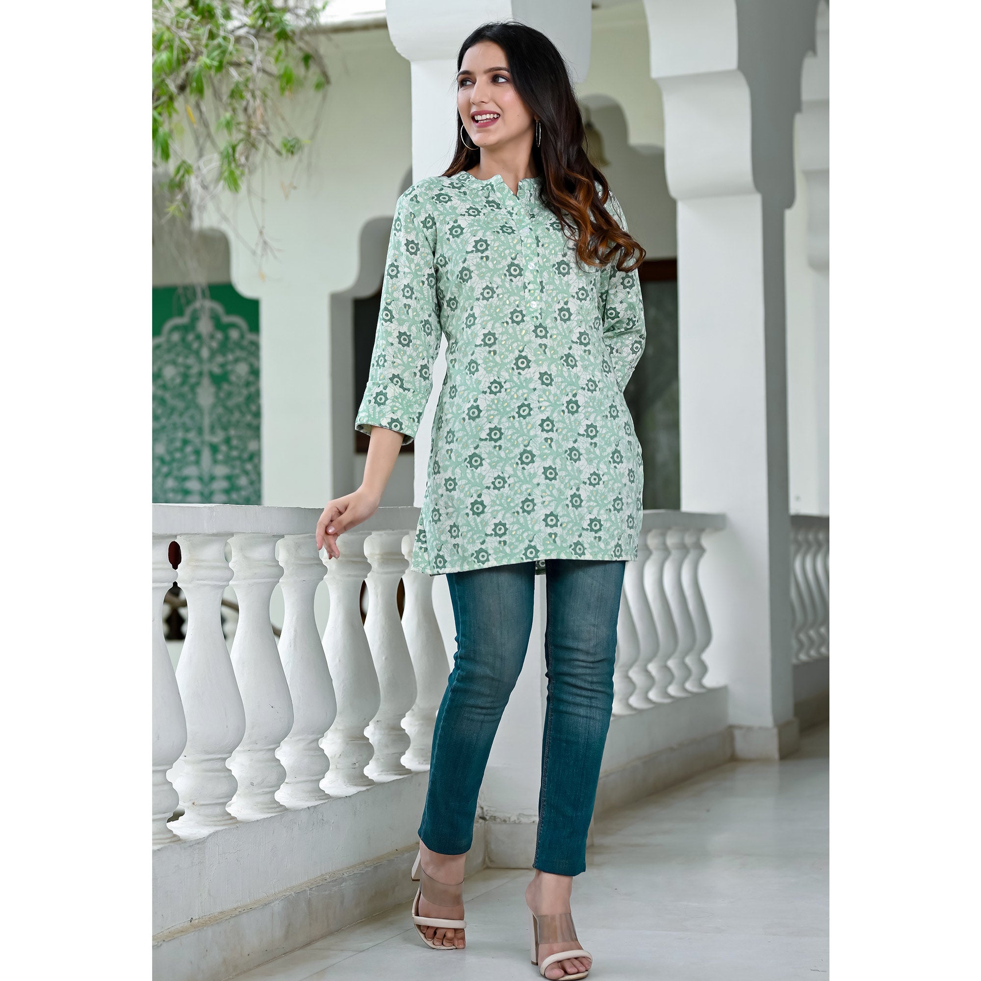 Green Floral Foil Printed Rayon Top