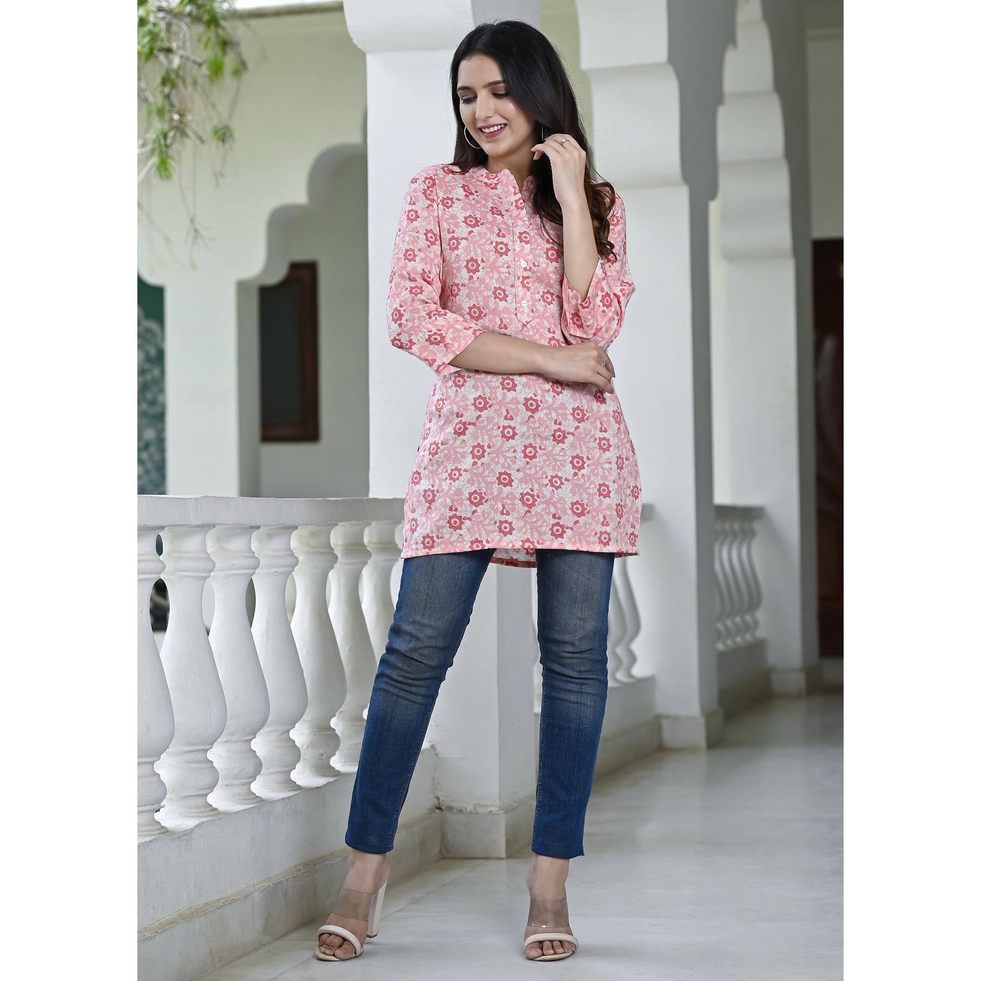 Pink Floral Foil Printed Rayon Top