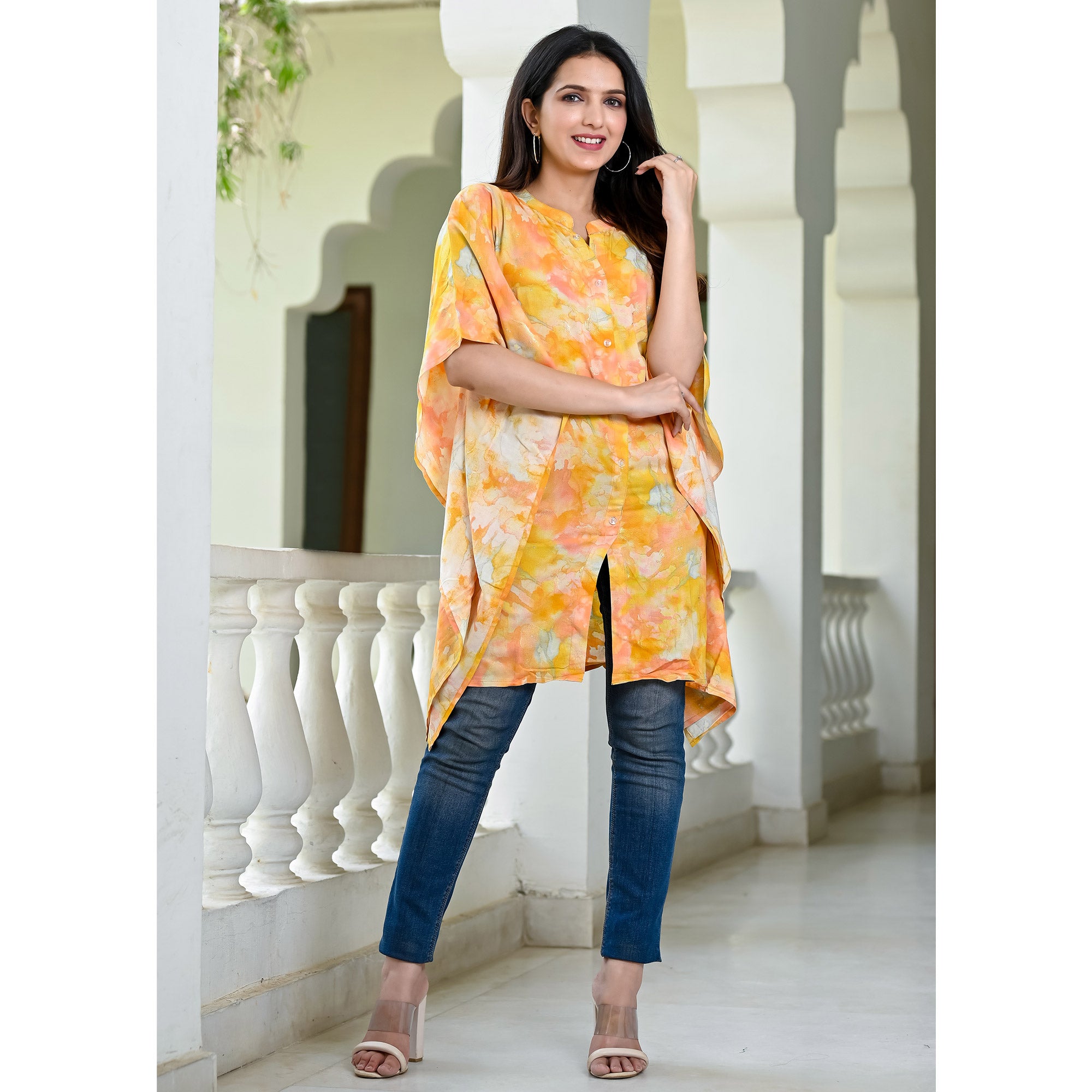 Yellow Foil Printed Rayon Kaftan