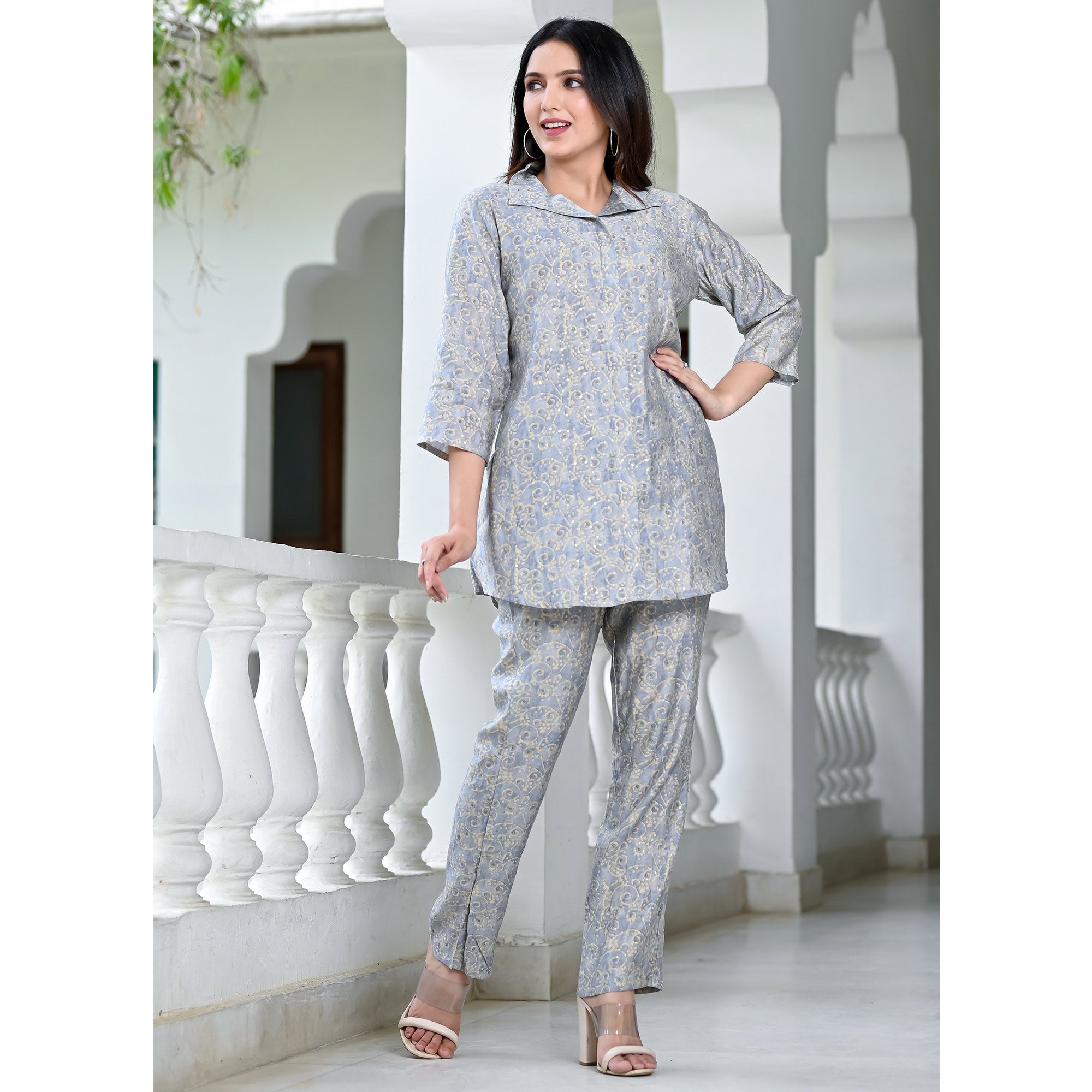 Grey Floral Printed Chanderi Co Ord Set