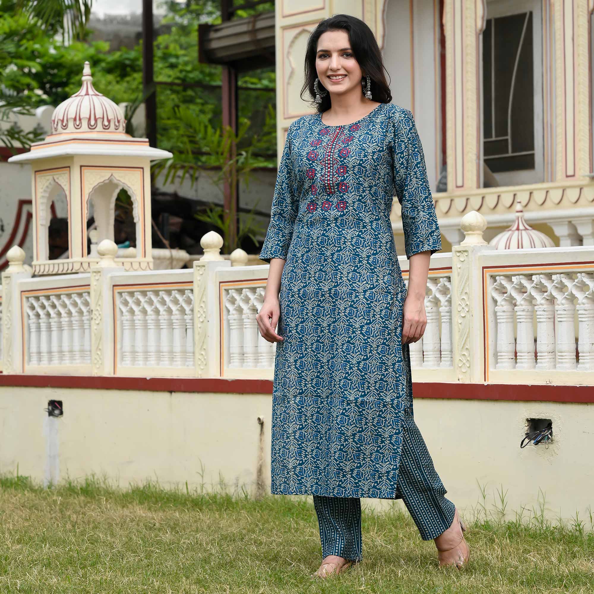 Blue Floral Printed Modal Kurti Pant Set