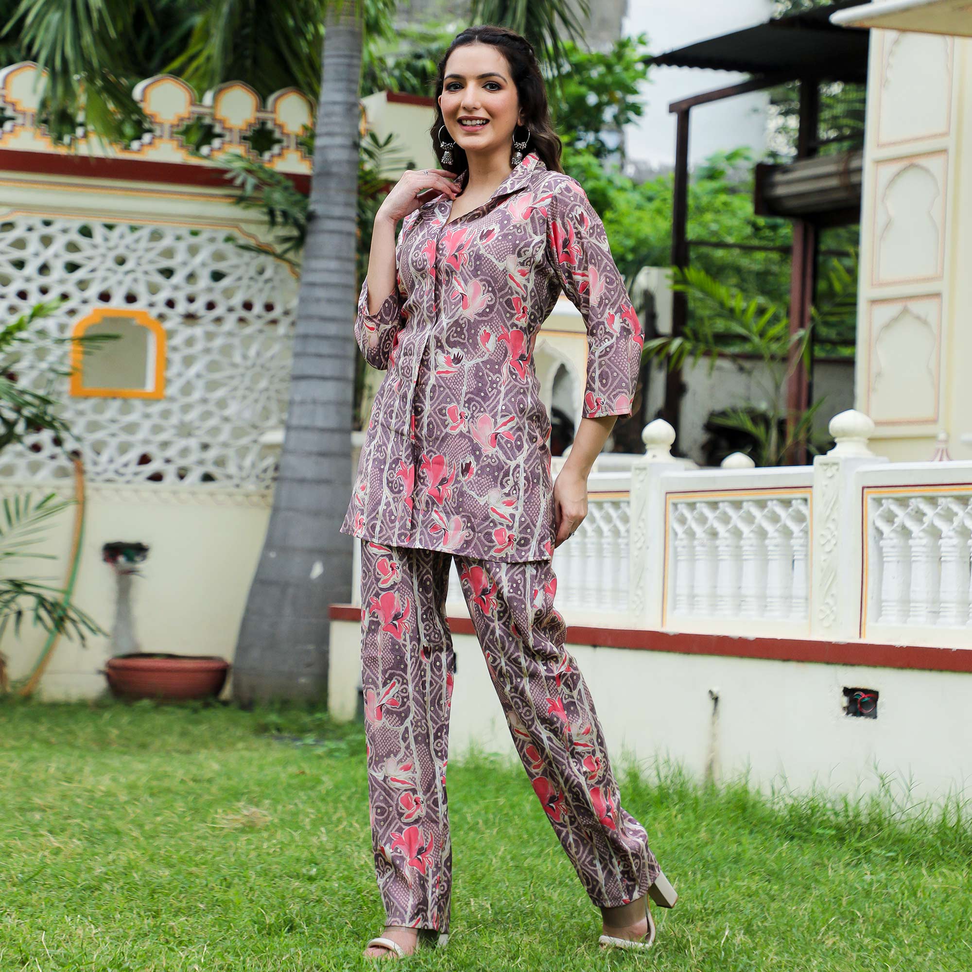 Brown Floral Foil Printed Chanderi Co Ord Set