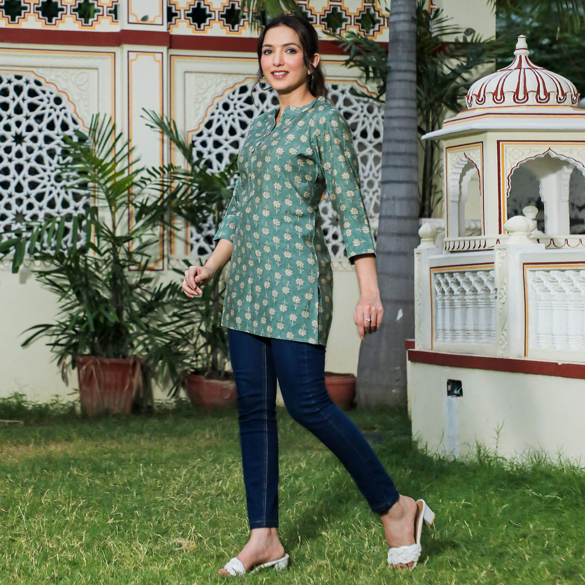 Green Floral Foil Printed Chanderi Top