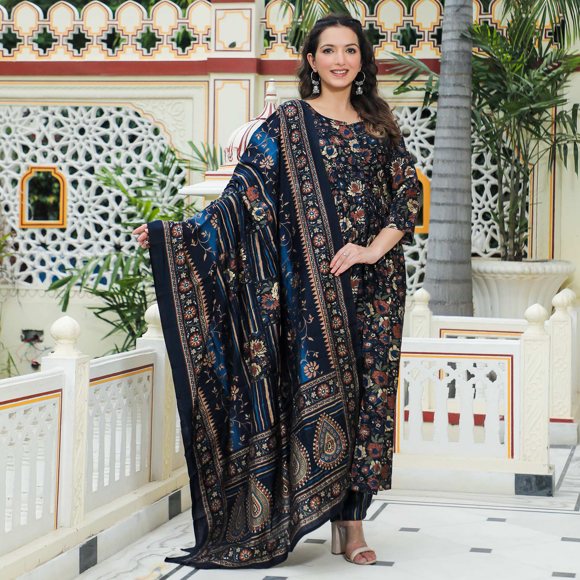 Blue Floral Foil Printed Chanderi Suit