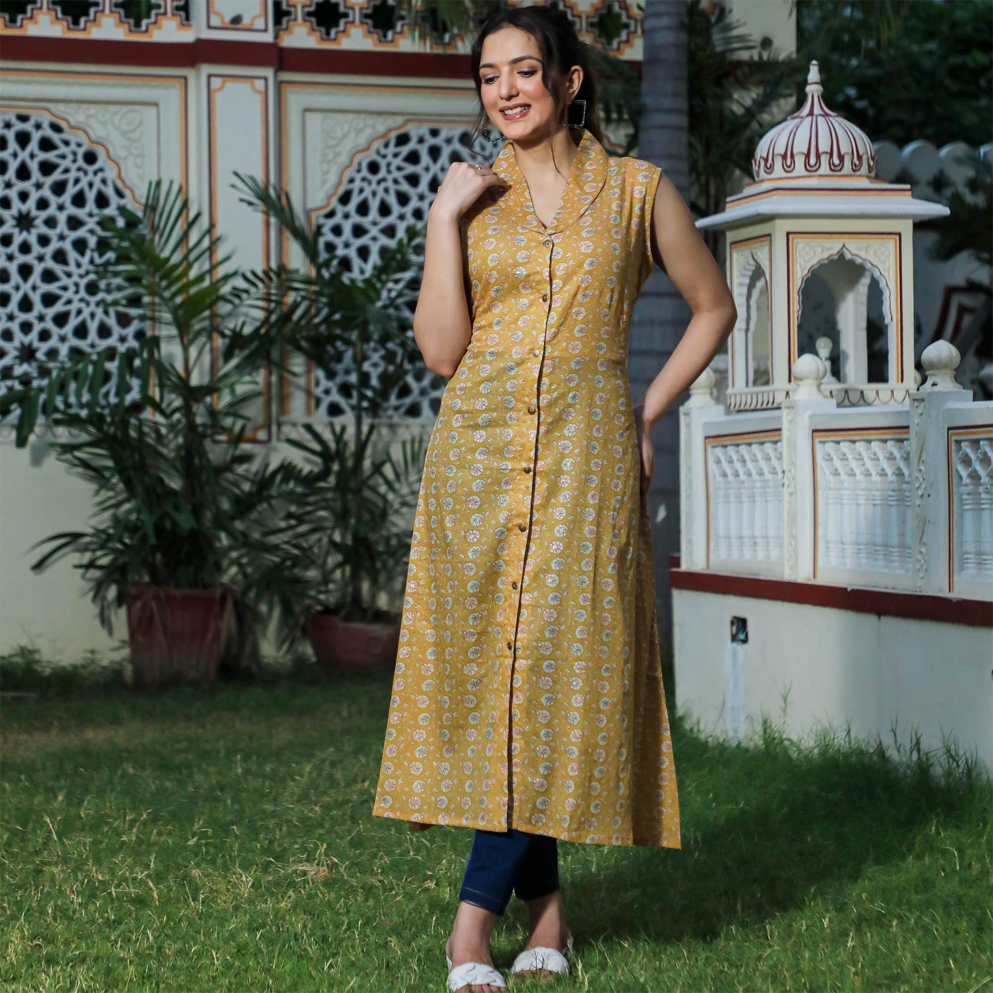 Mustard Floral Foil Printed Pure Cotton A-Line Kurti