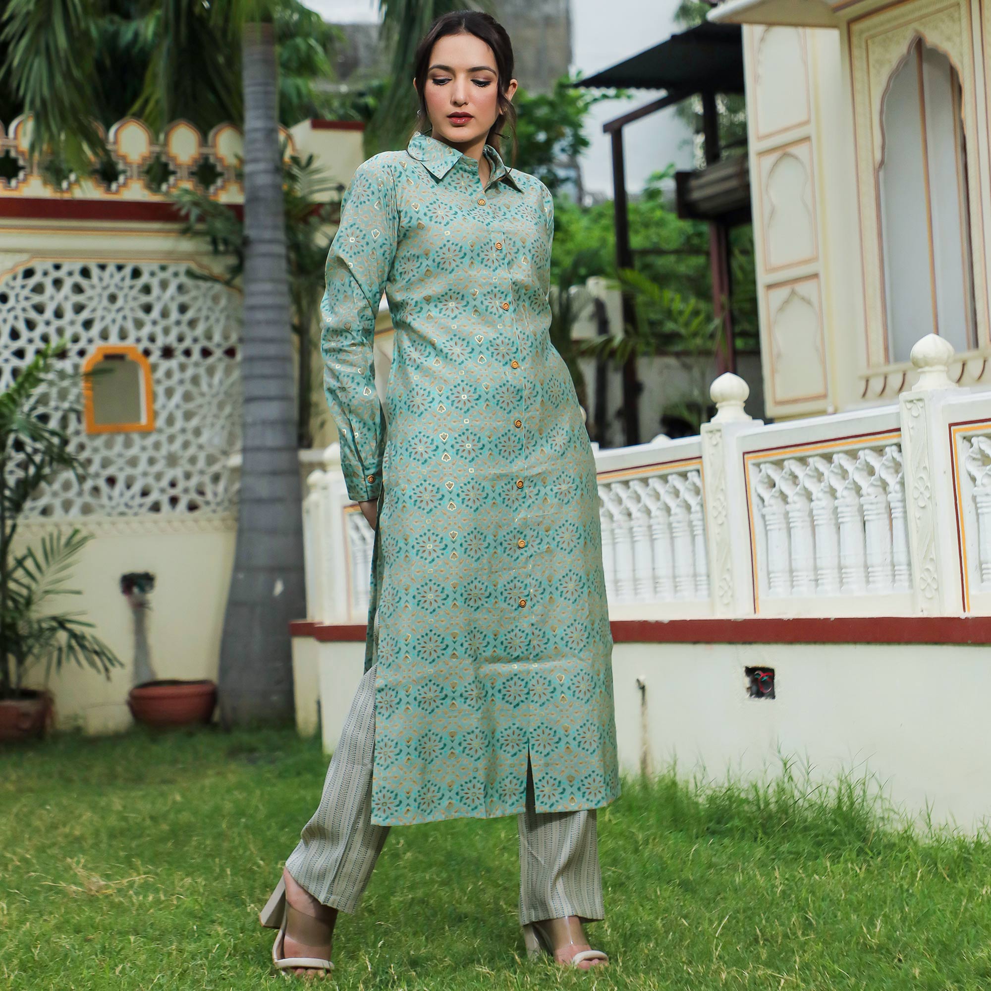 Green Foil Printed Chanderi Kurti Pant Set