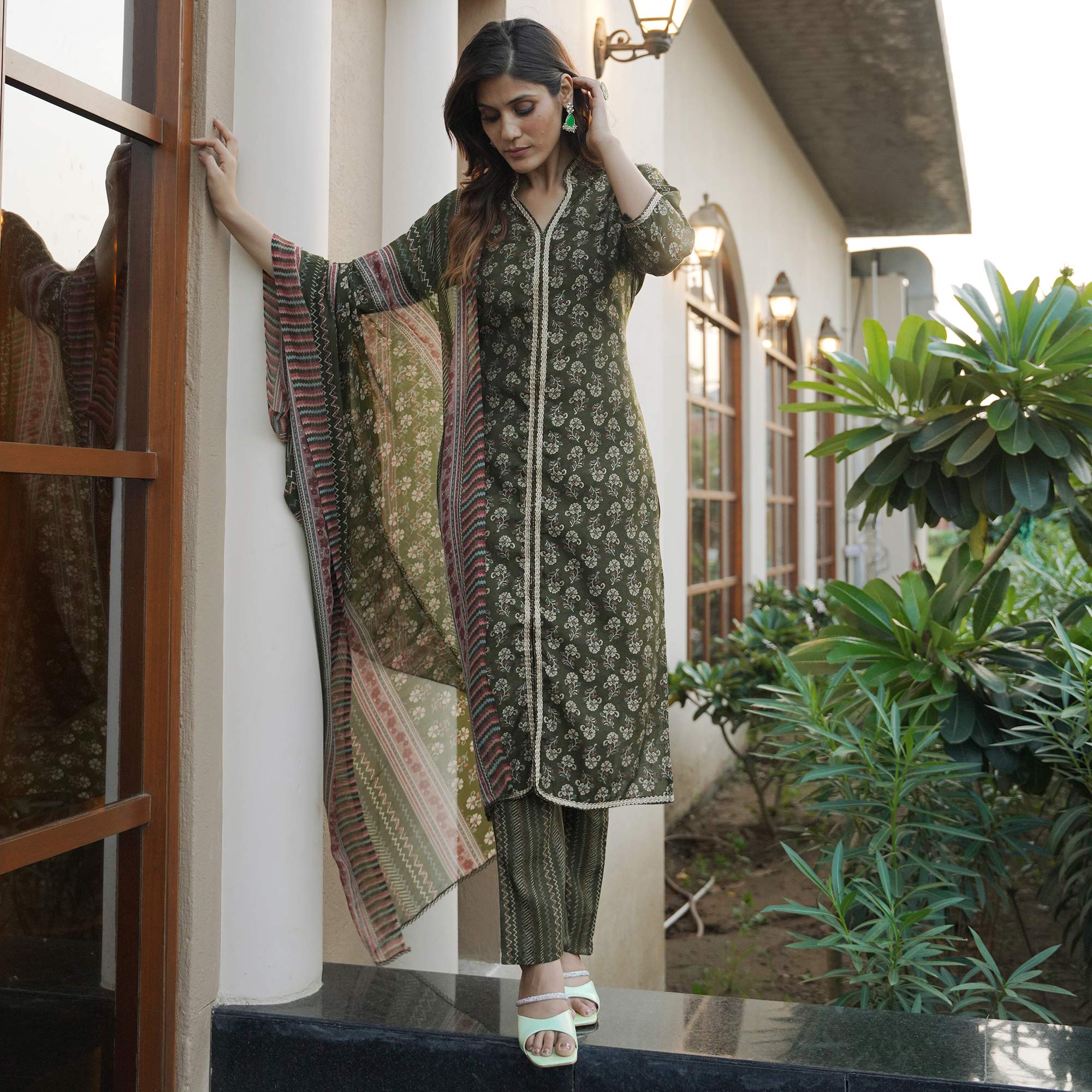 Green Floral Foil Printed Modal Suit