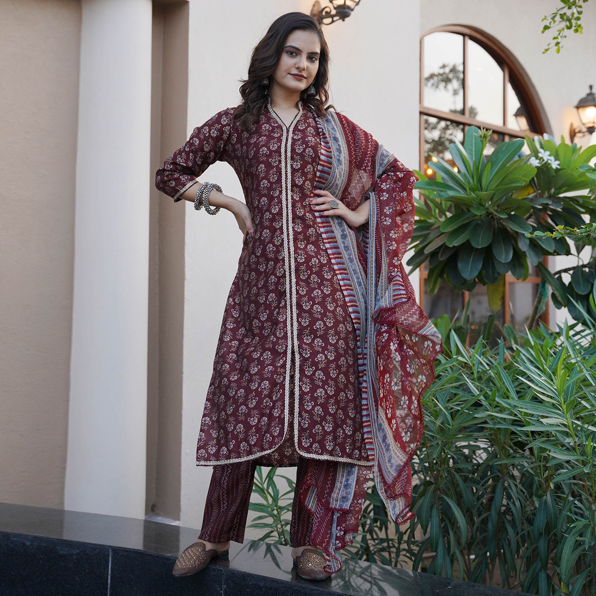 Maroon Floral Foil Printed Modal Suit