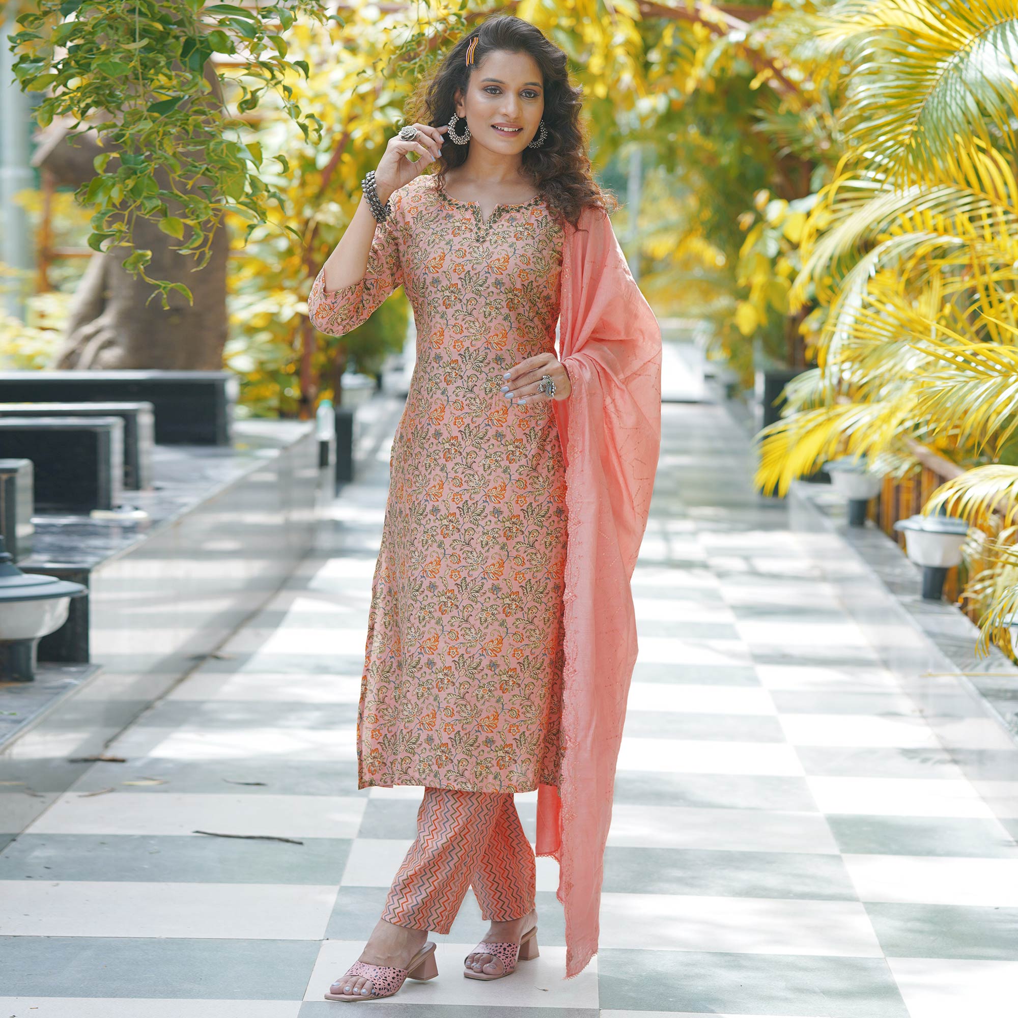 Peach Floral Printed Modal Kurti Pant Set