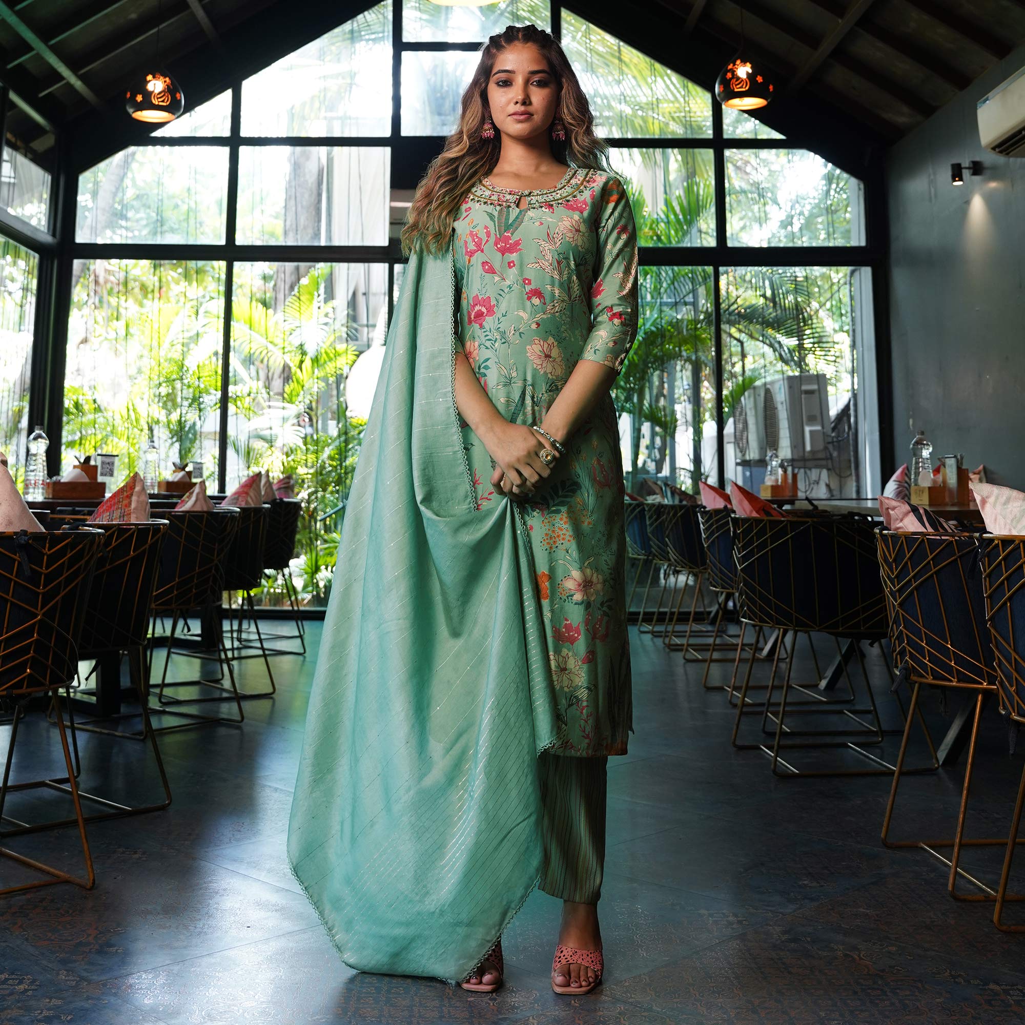 Turquoise Straight Chanderi Silk Suit With Handcrafted & Foil Print