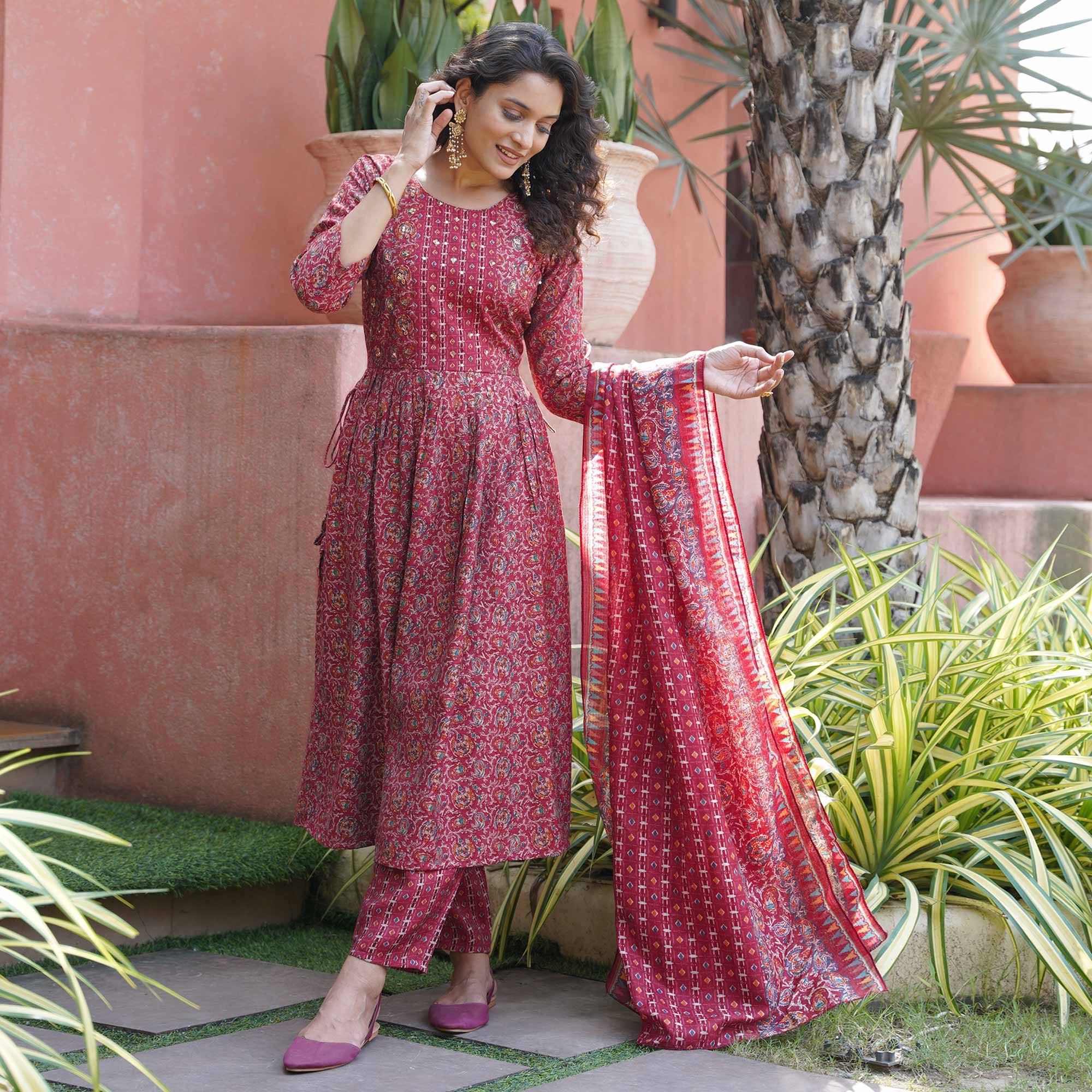 Maroon Floral Printed Chanderi Silk Naira Cut Suit