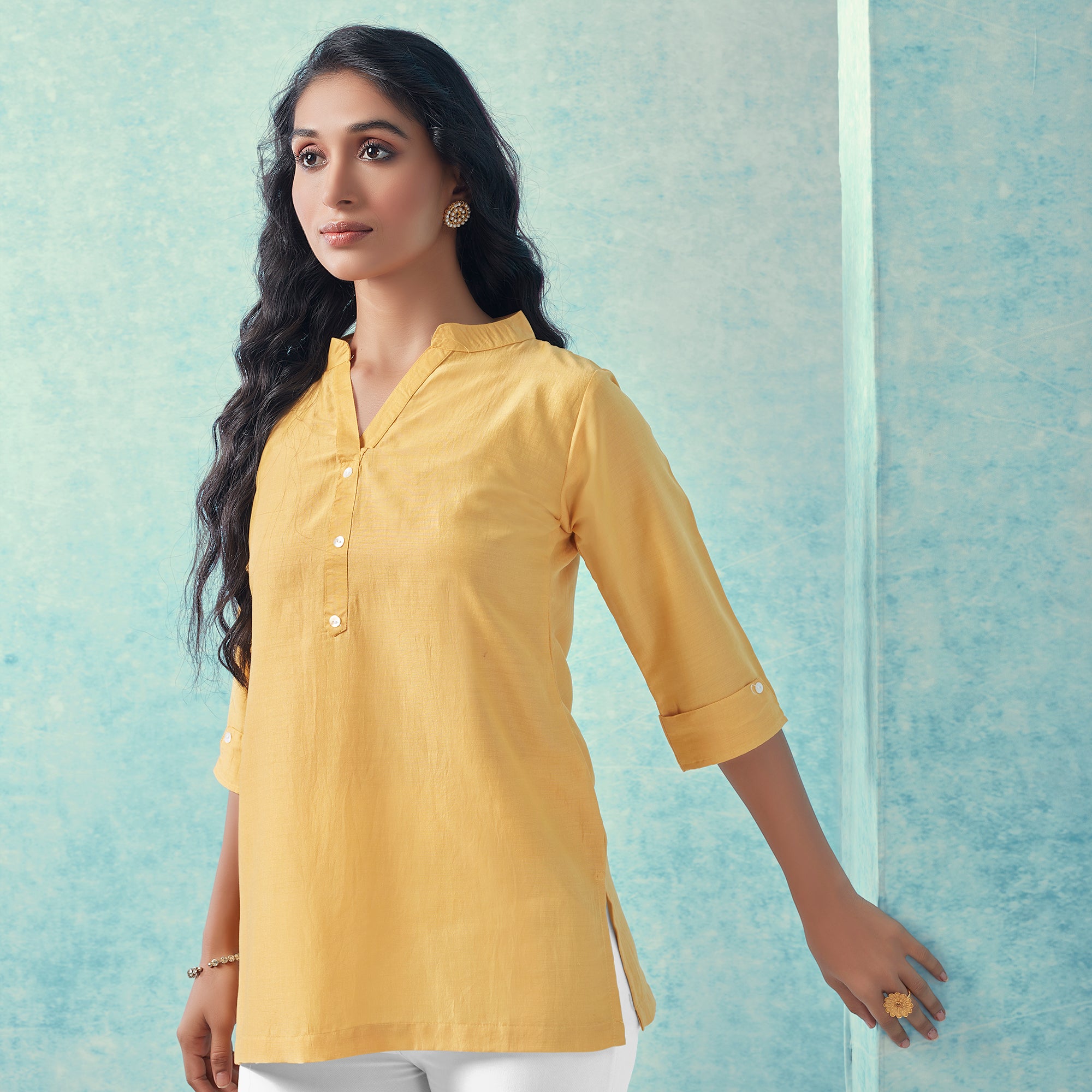 Yellow Solid Cotton Blend Top