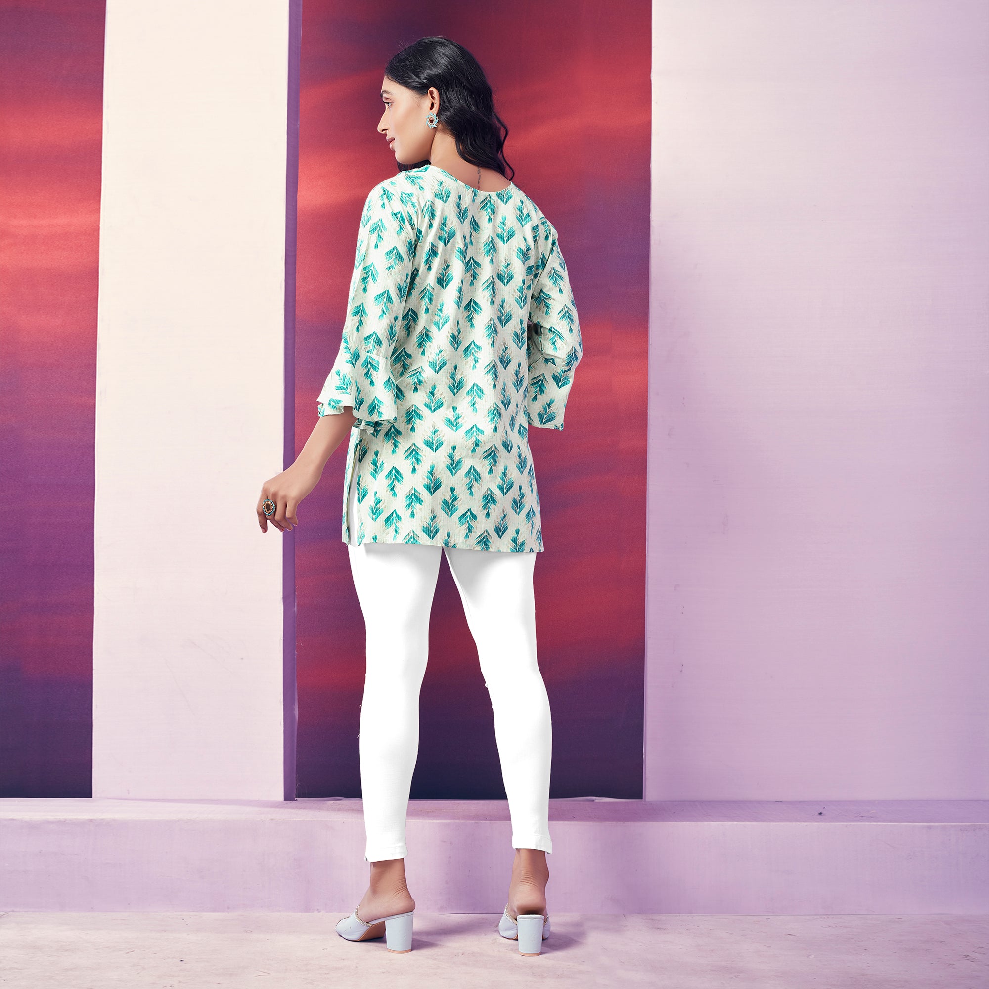 White & Turquoise Floral Foil Printed Rayon Top