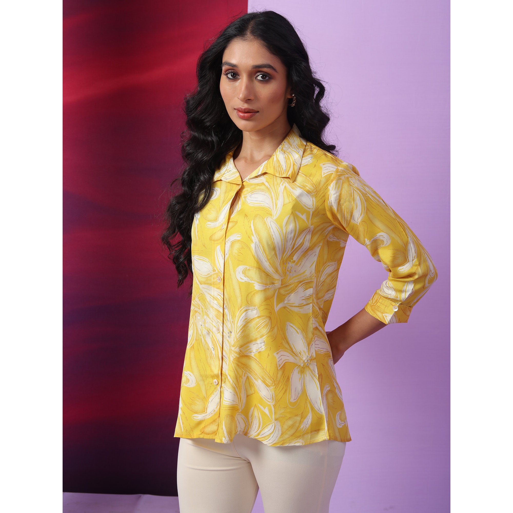 Yellow & White Floral Foil Printed Muslin Top