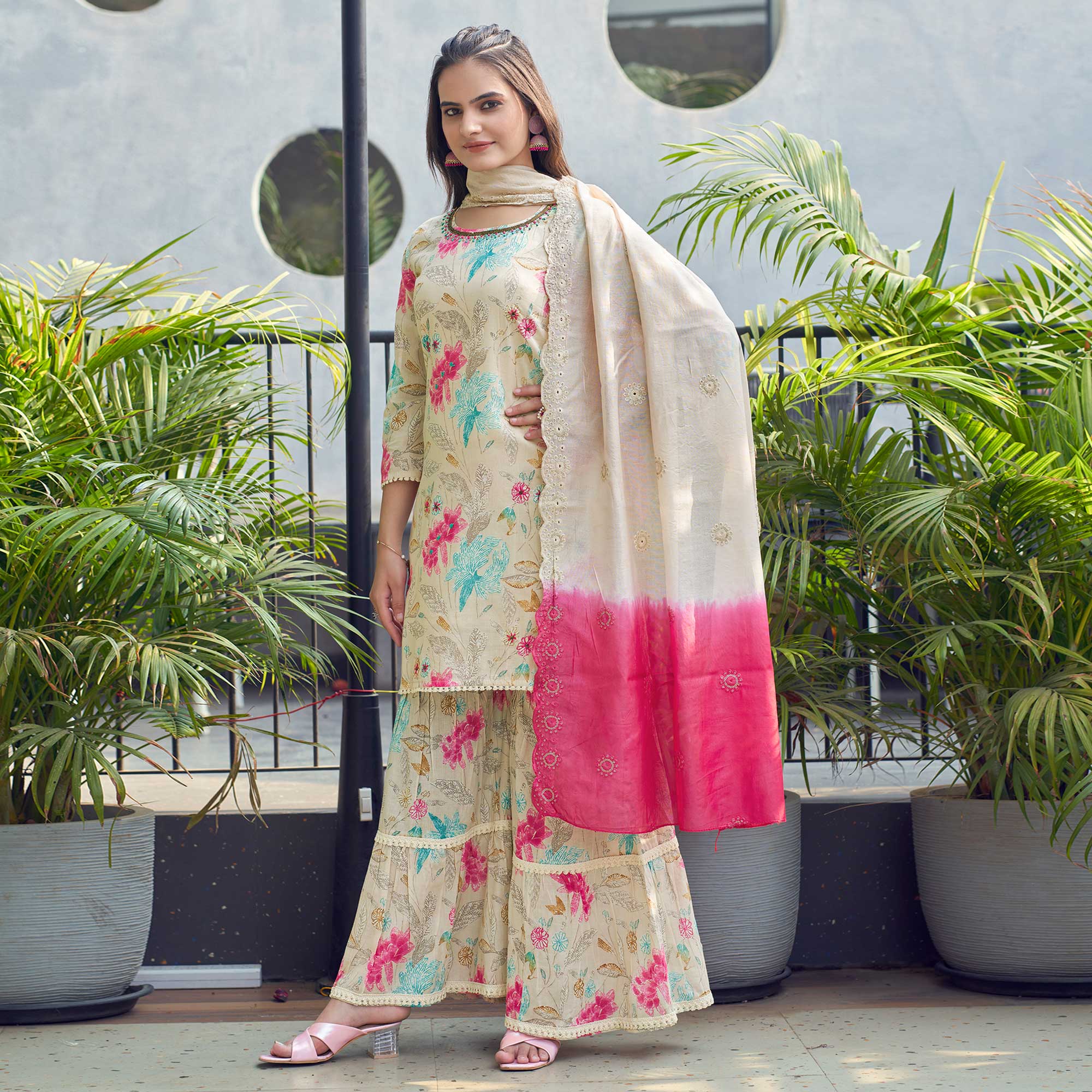 White Floral Foil Printed Mulmul Cotton Sharara Suit