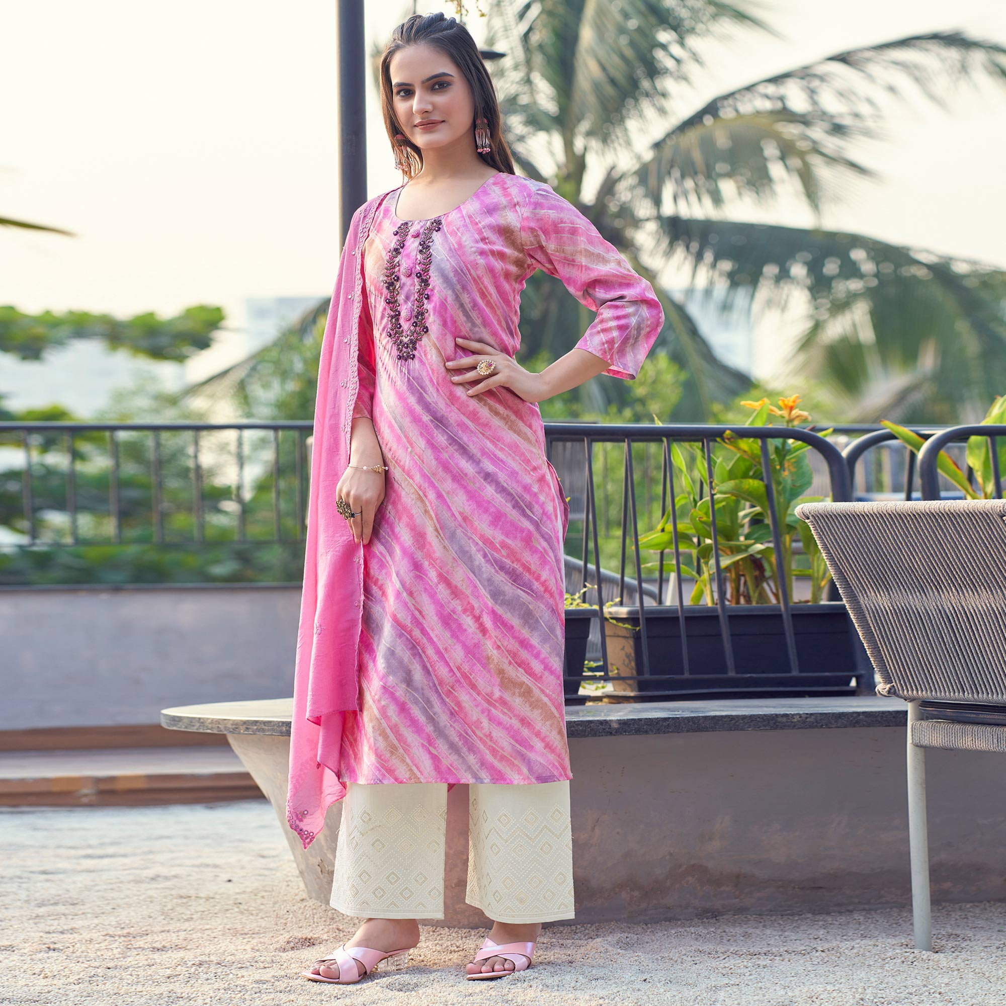 Pink Foil Printed Chanderi Silk Salwar Suit