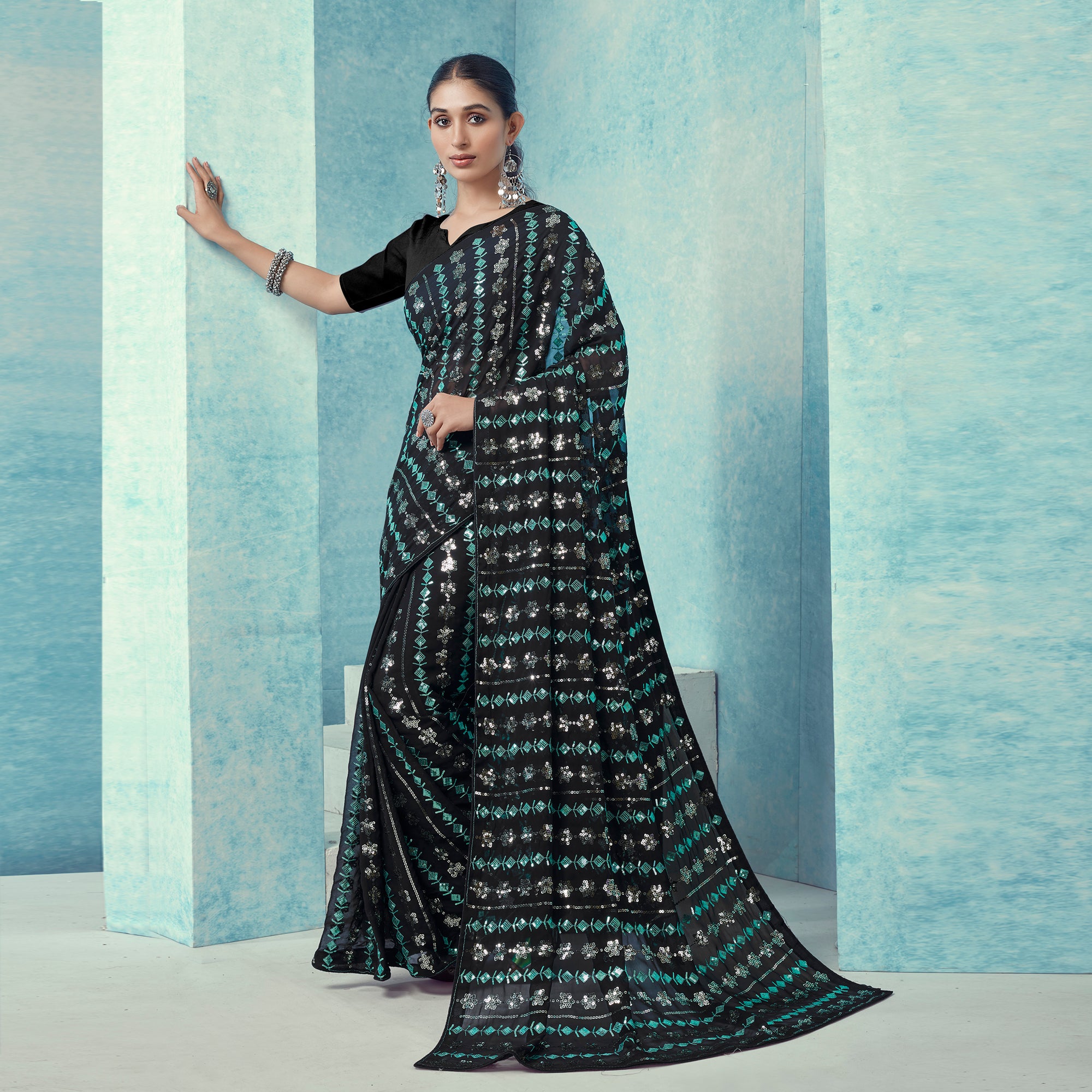 Black Sequins Embroidered Georgette Saree