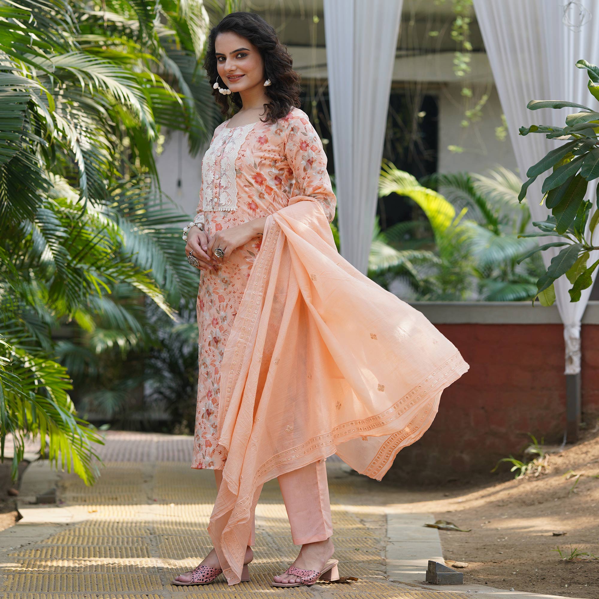 Peach Straight Pure Cotton Suit With Foil Print & Yoke Embroidery