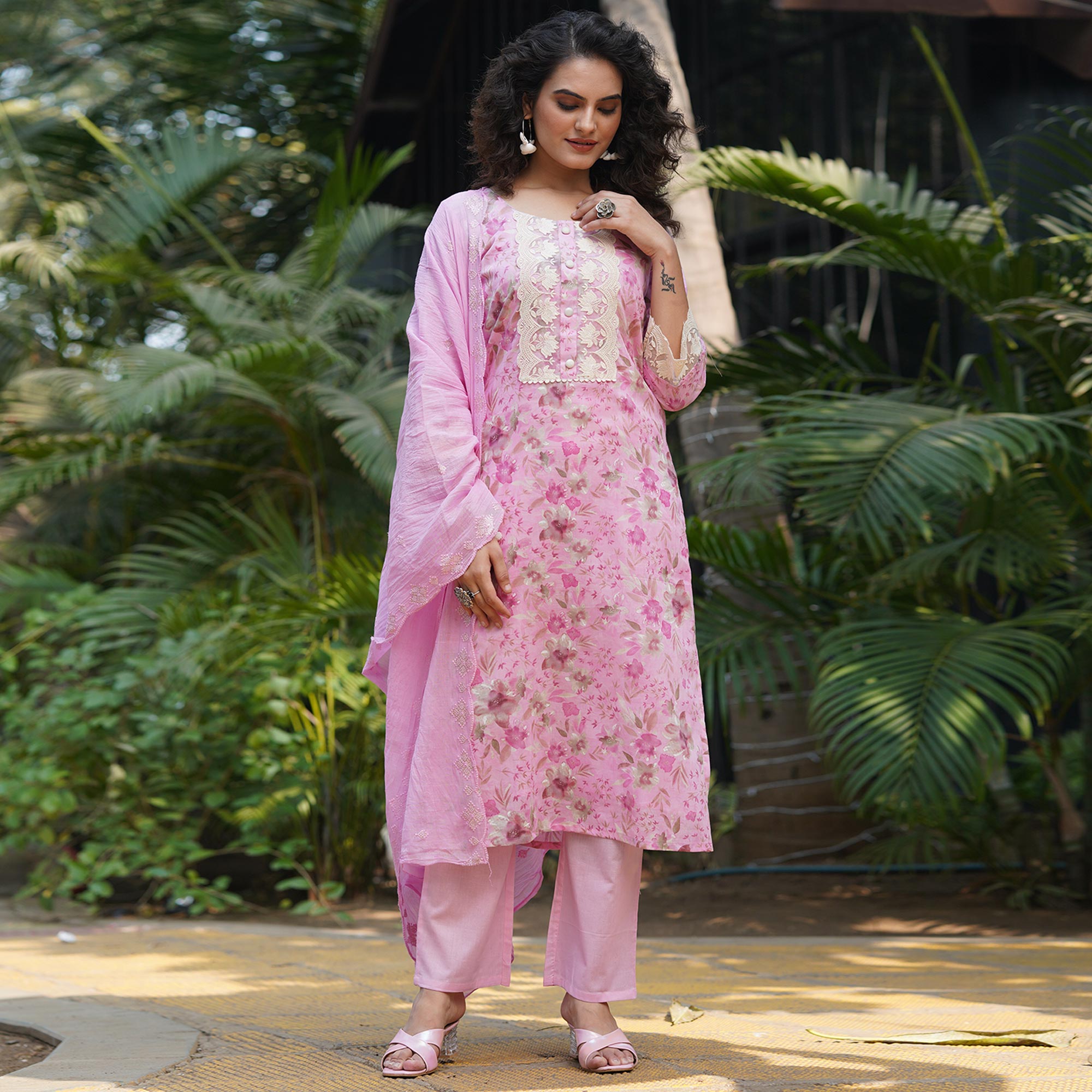 Pink Straight Pure Cotton Suit With Foil Print & Yoke Embroidery