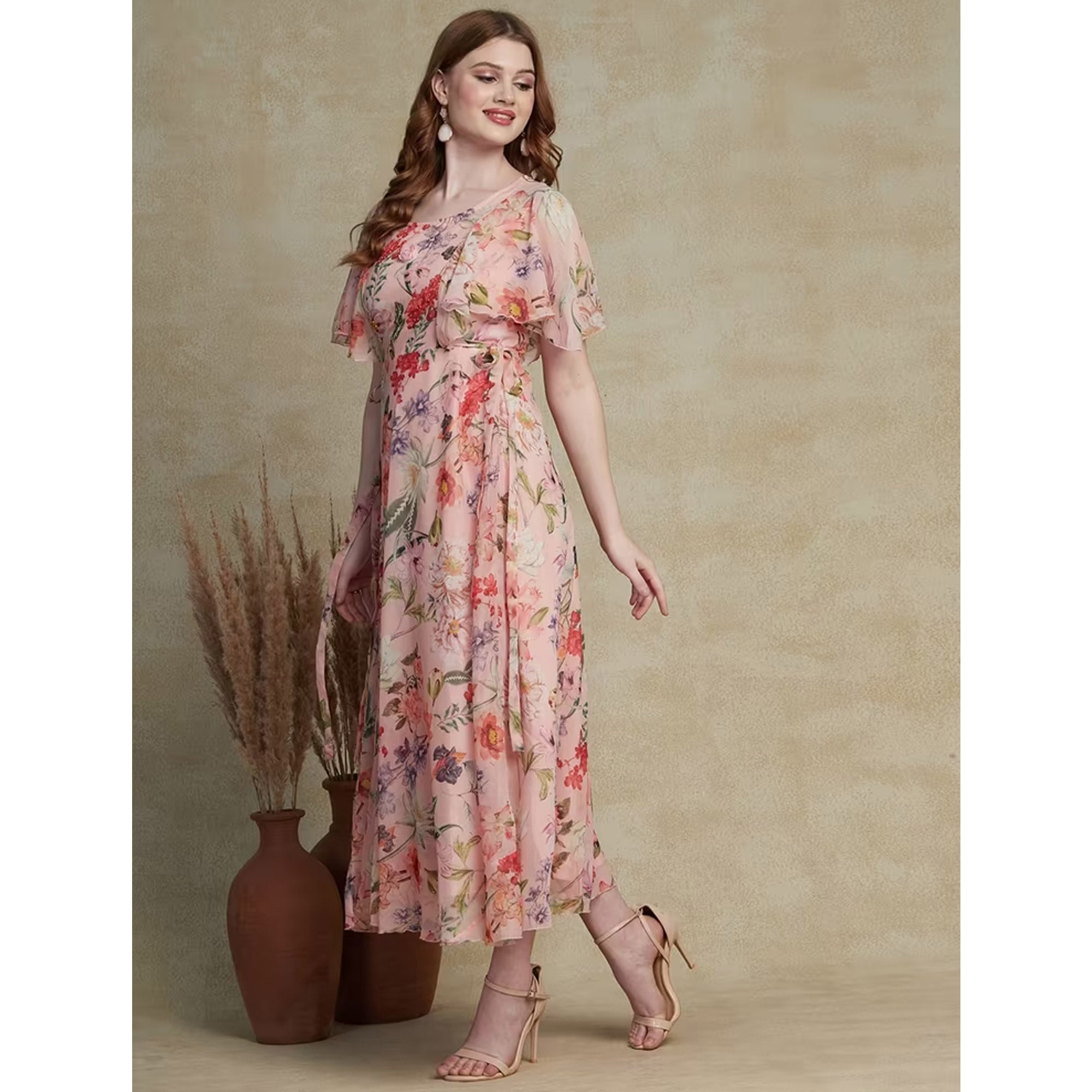 Peach Floral Printed A-Line Chiffon Dress