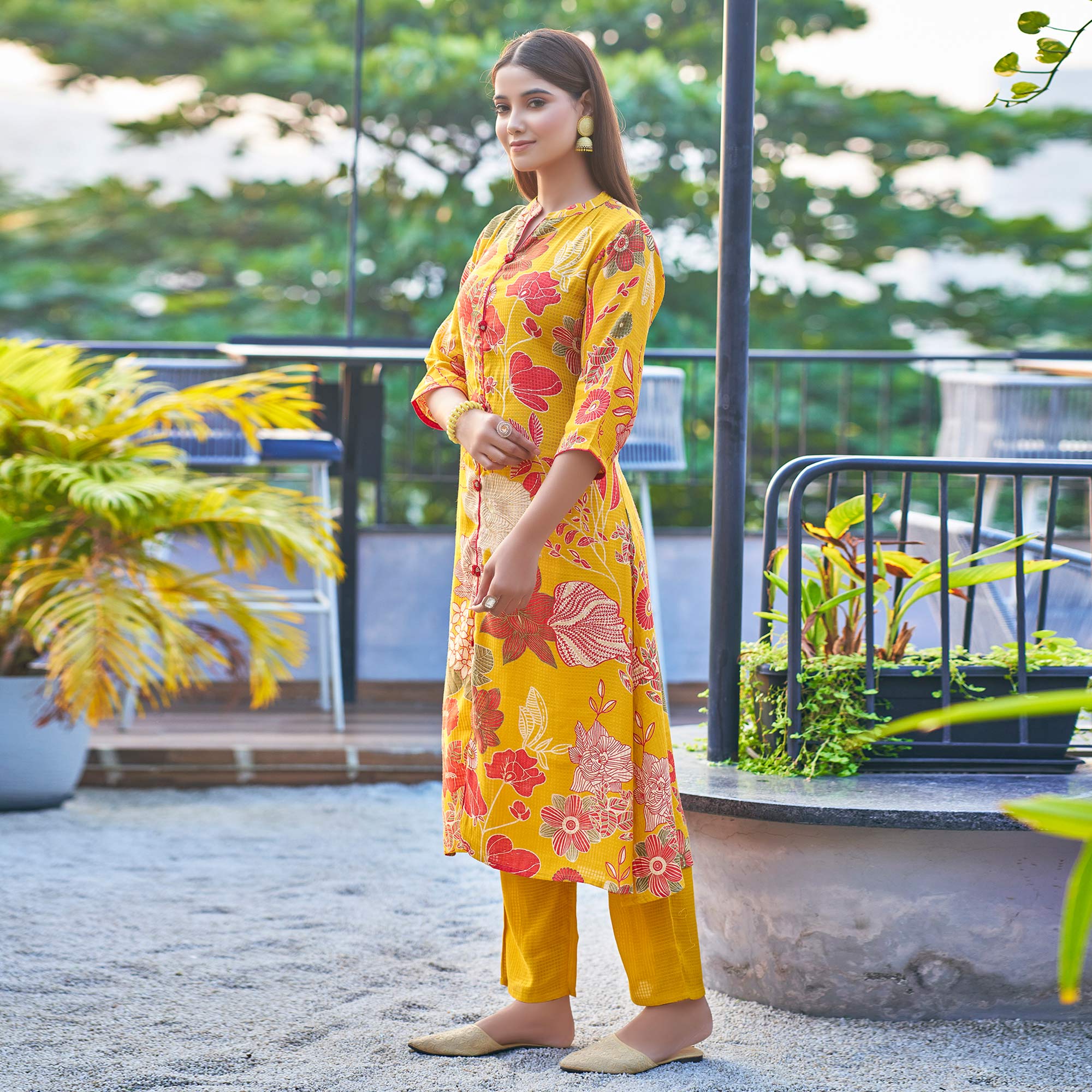 Mustard Floral Foil Printed Pure Cotton Kurti Sets