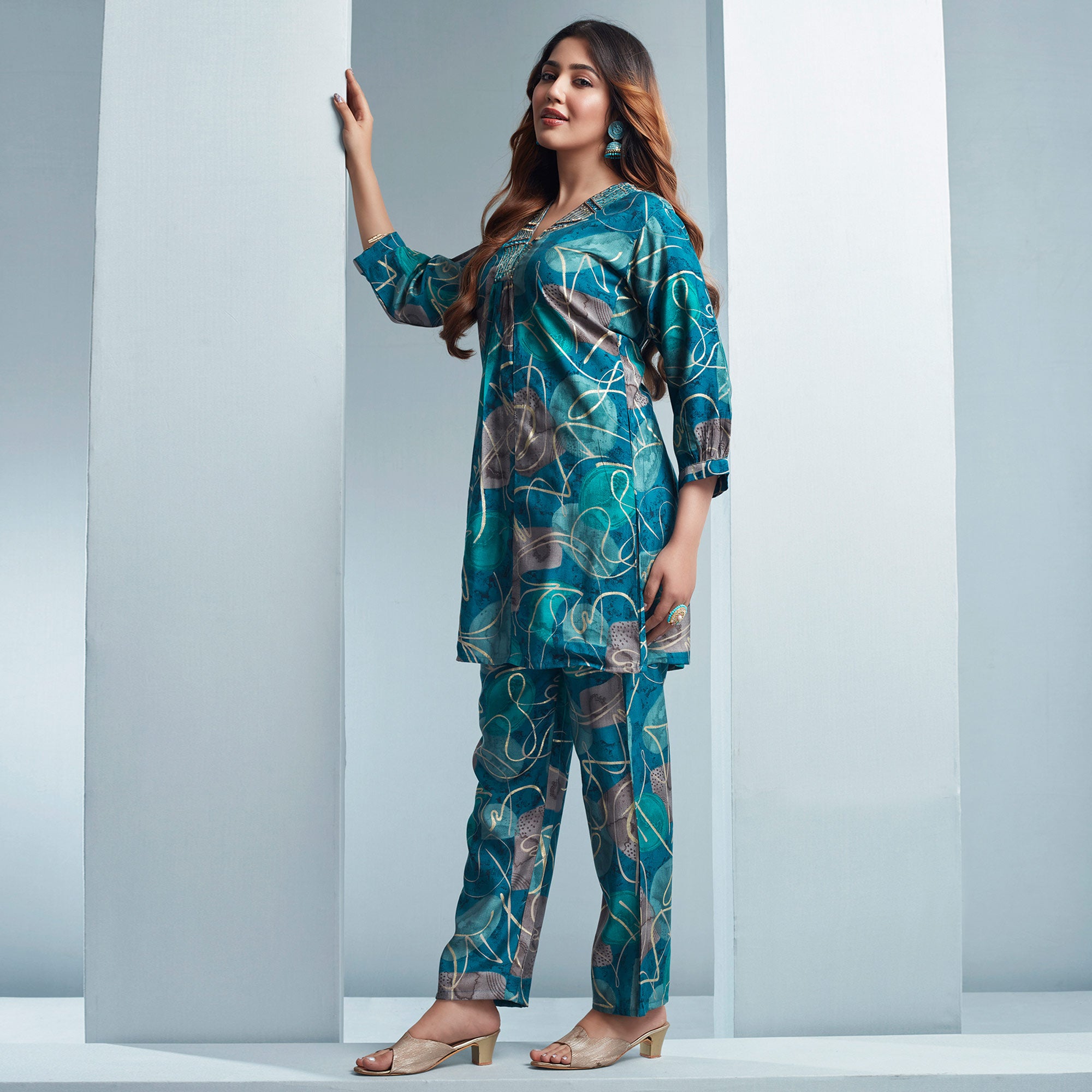 Teal Blue Foil Printed Chanderi Silk Co Ord Set With Handcrafted