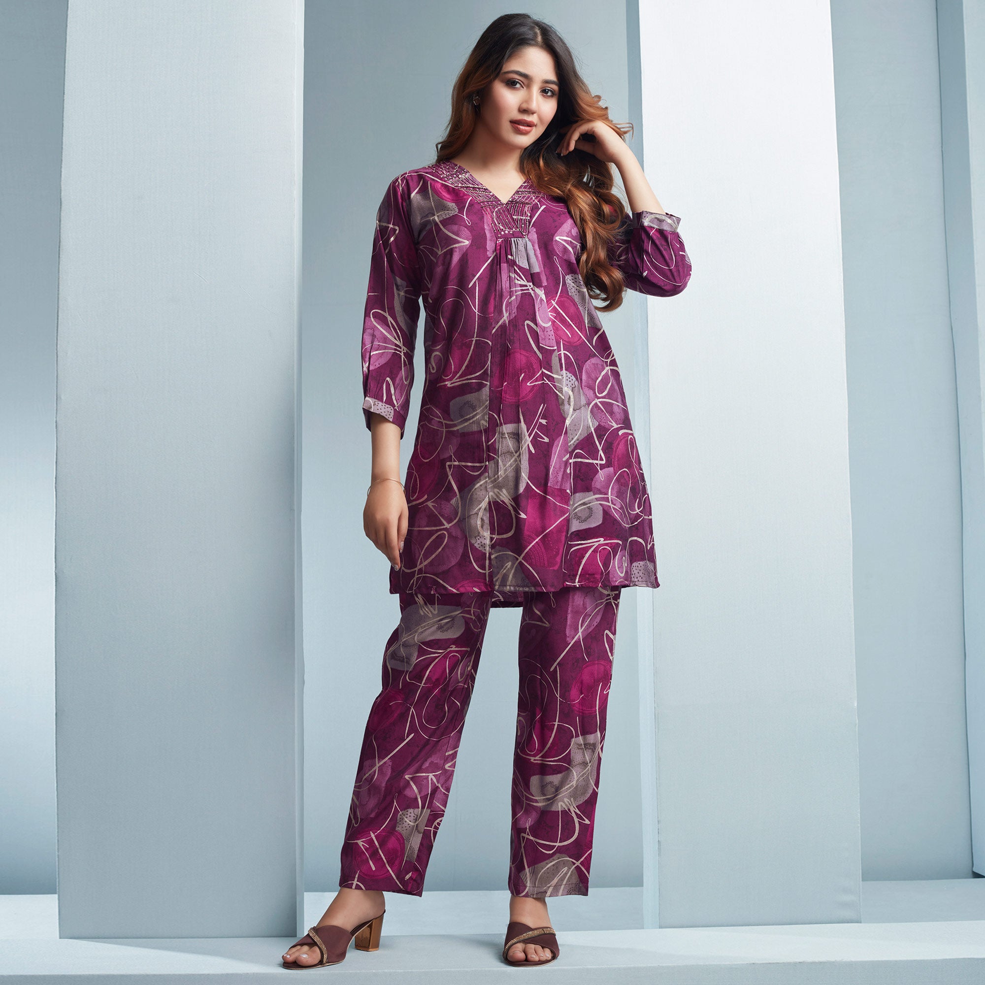 Wine Foil Printed Chanderi Silk Co Ord Set With Handcrafted