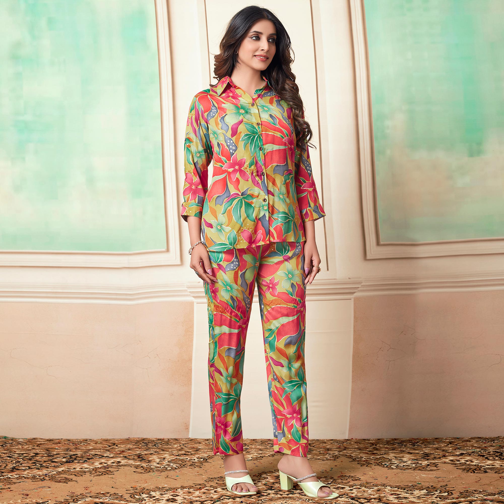 Multicolor Floral Foil Printed Muslin Co Ord Set