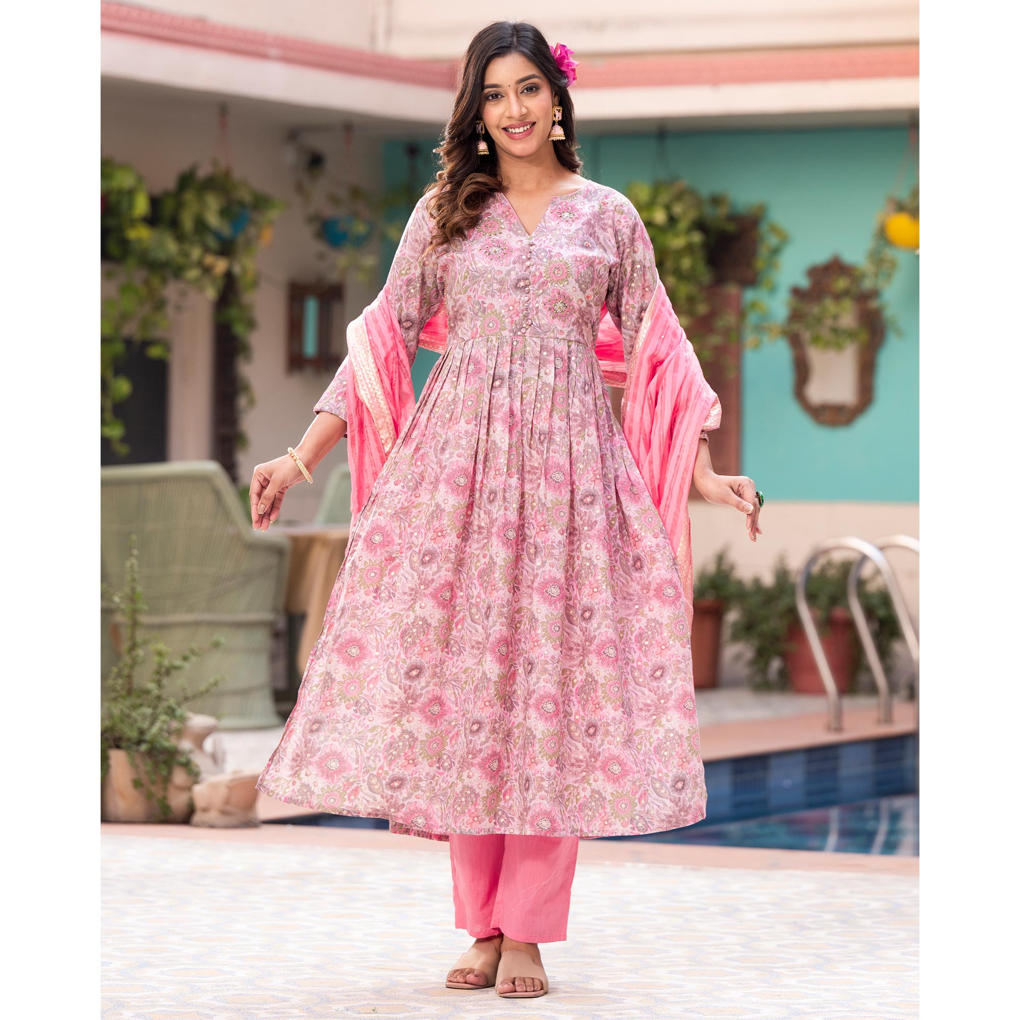 Pink Naira Cut Mulmul Cotton Suit with Handcrafted & Foil Print