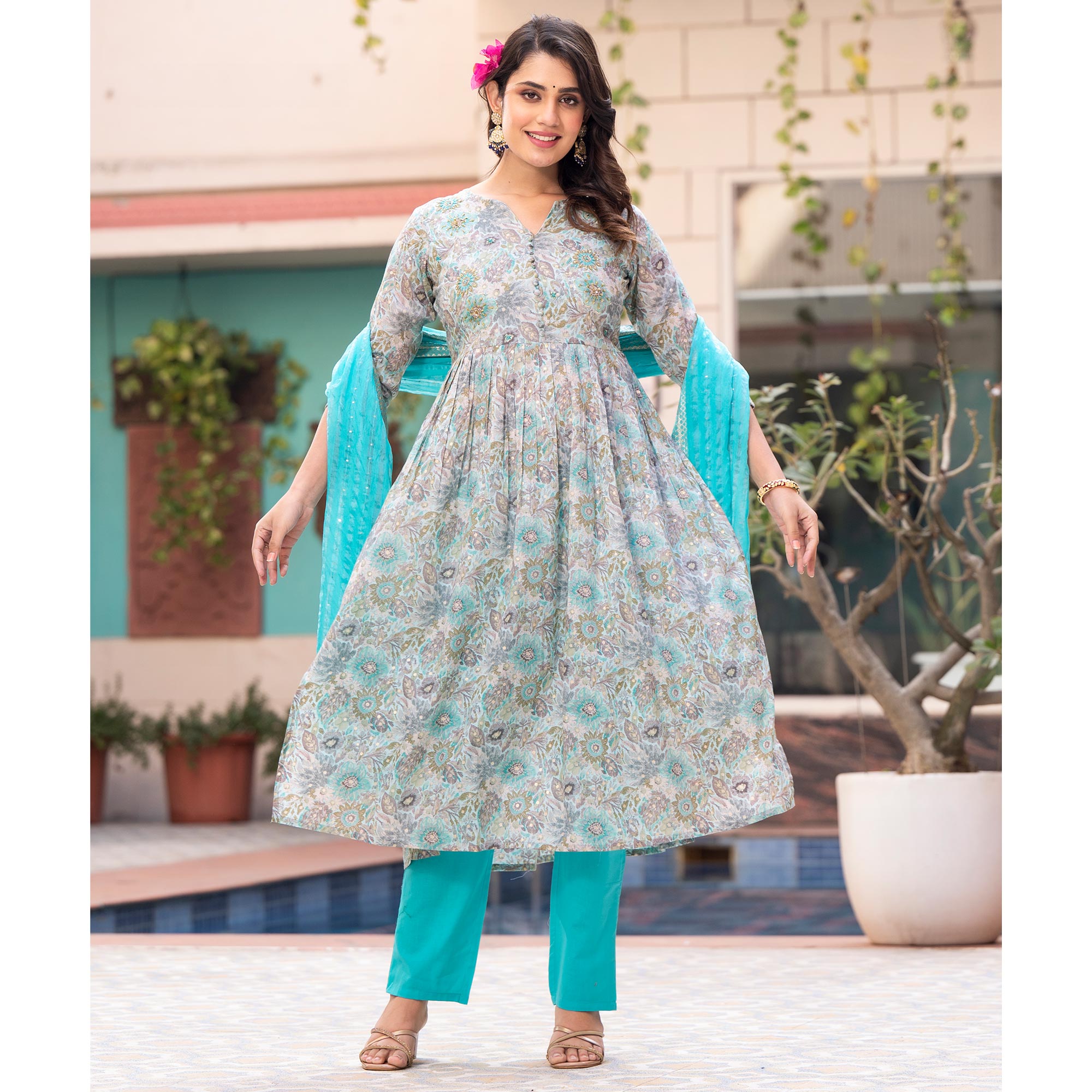 Turquoise Naira Cut Mulmul Cotton Suit with Handcrafted & Foil Print