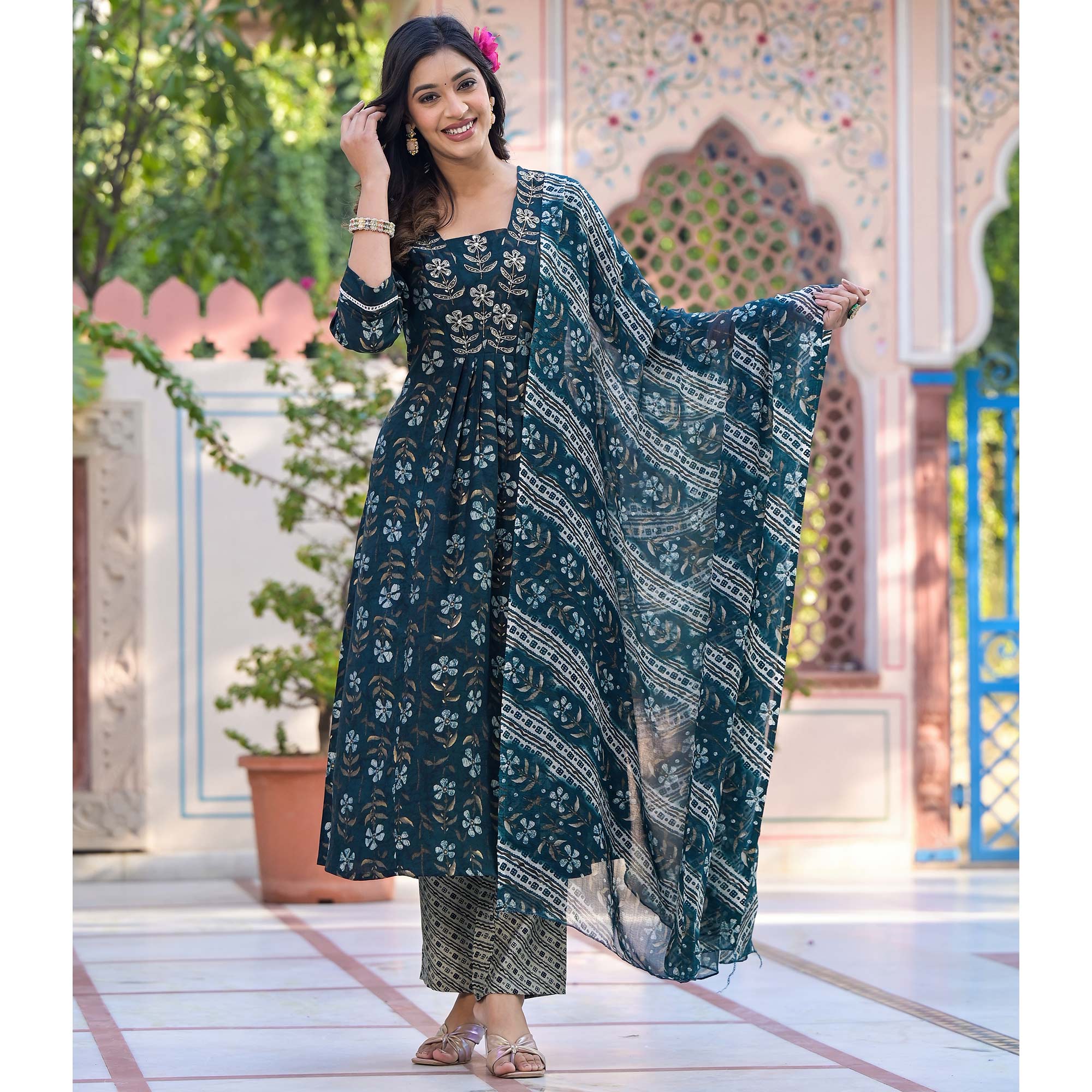 Teal Blue Anarkali Chanderi Silk Suit With Hancrafted & Foil Print