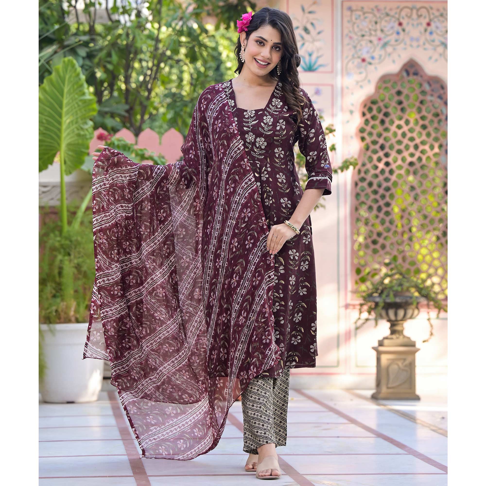 Wine Anarkali Chanderi Silk Suit With Hancrafted & Foil Print