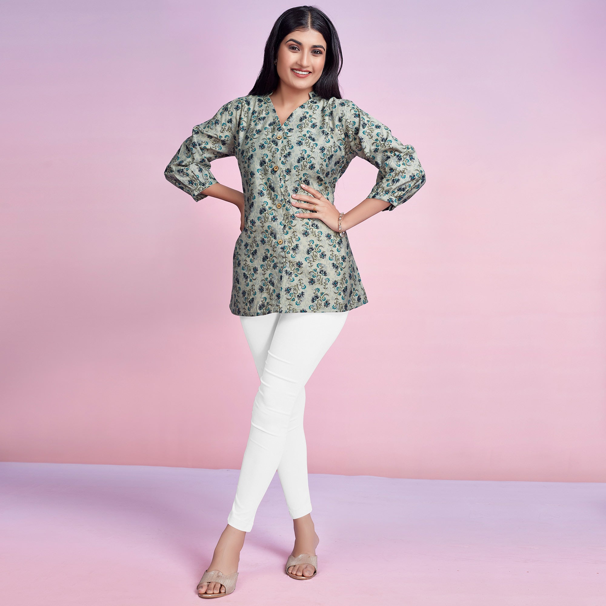 Off White & Blue Floral Foil Printed Chanderi Silk Top