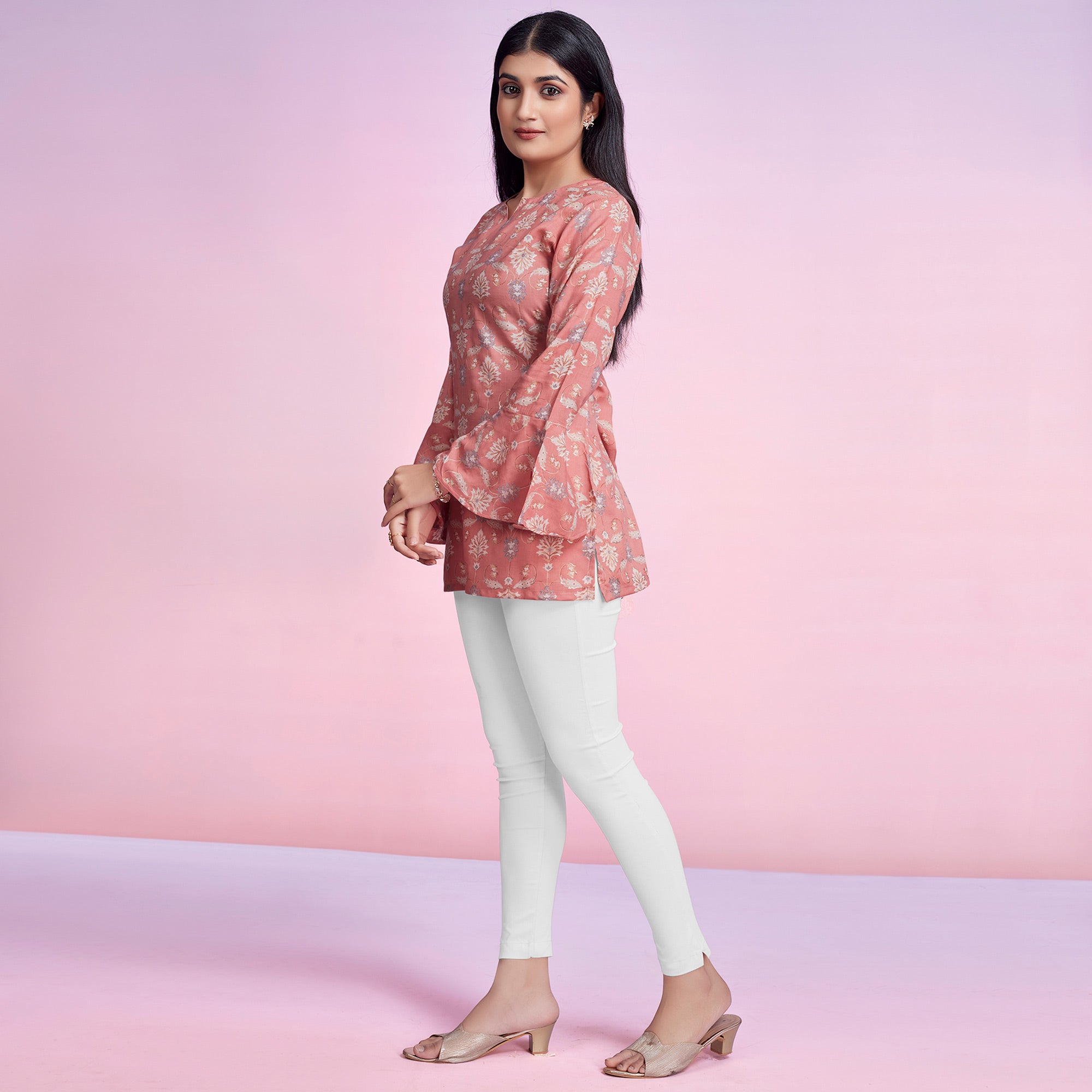 Peach Floral Foil Printed Chanderi Silk Top