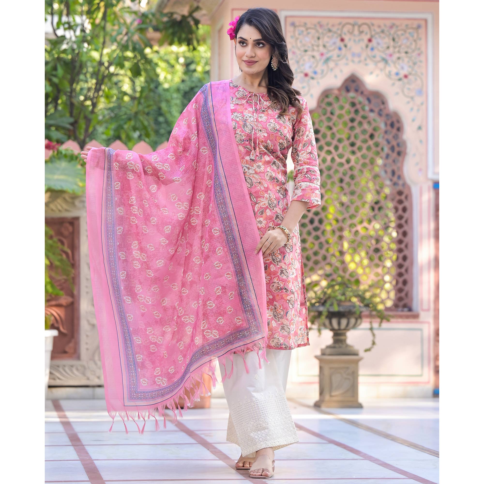 Pink Floral Mul Cotton Suit With Handcrafted & Foil Print